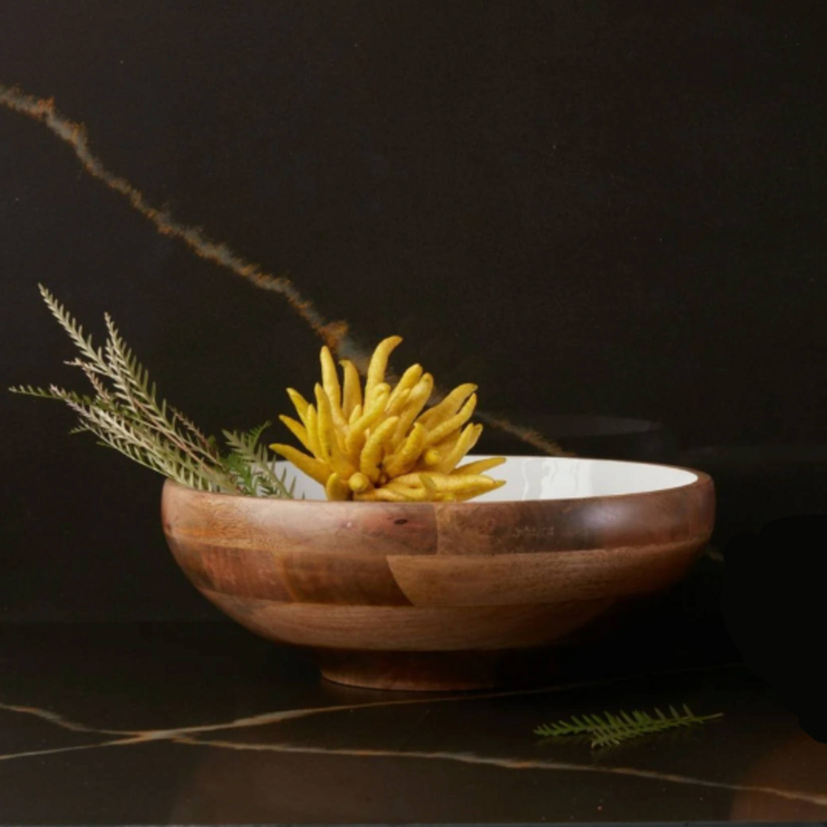 Outside The Box 17" Madras Curva White Enamel & Mango Wood Footed Bowl