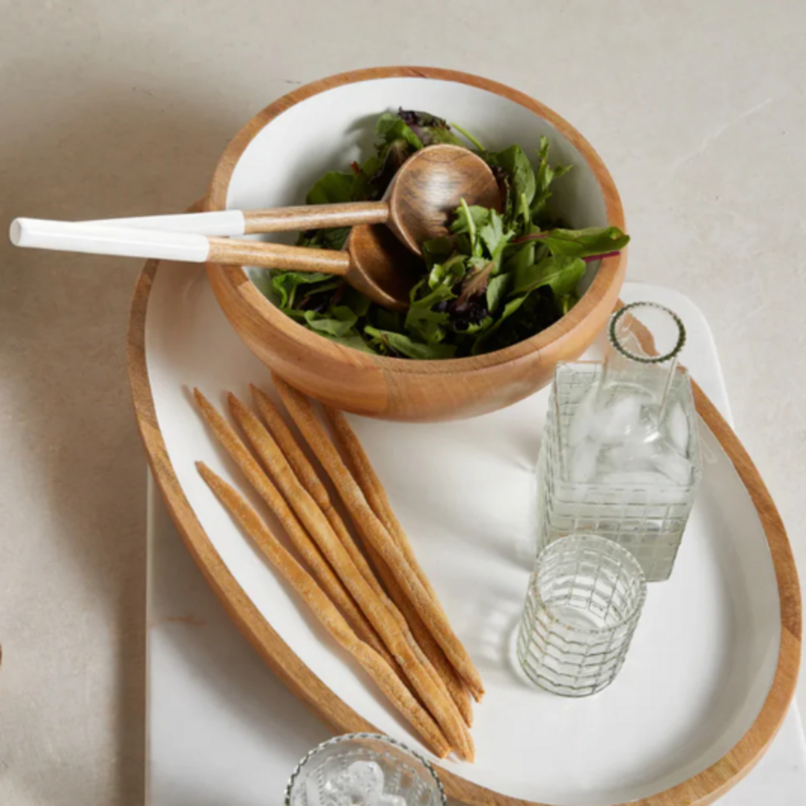 Outside The Box 11" Madras Curva White Enamel & Mango Wood Footed Bowl