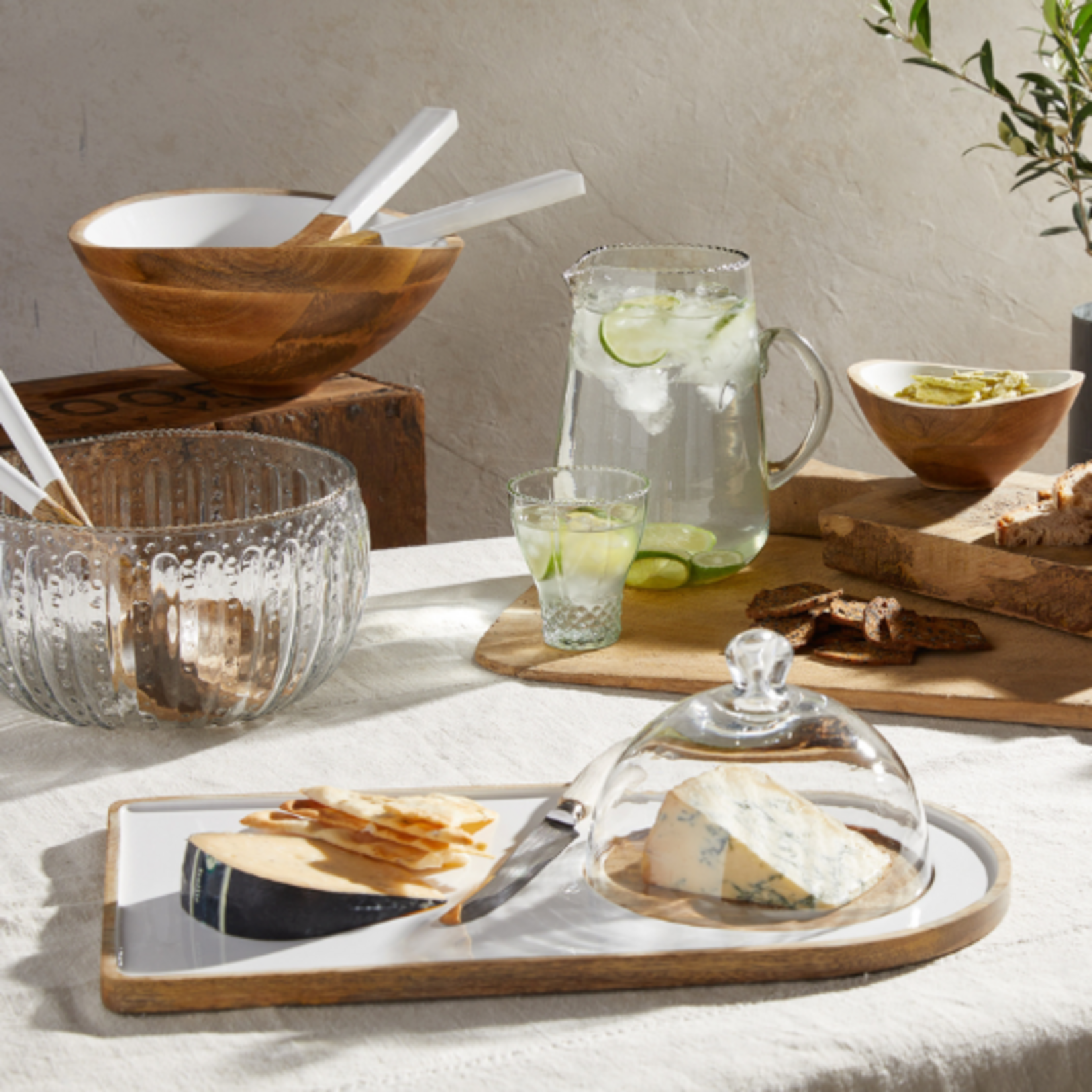 Outside The Box 18x10 Madras White Enamel & Mango Wood Cheese Cloche