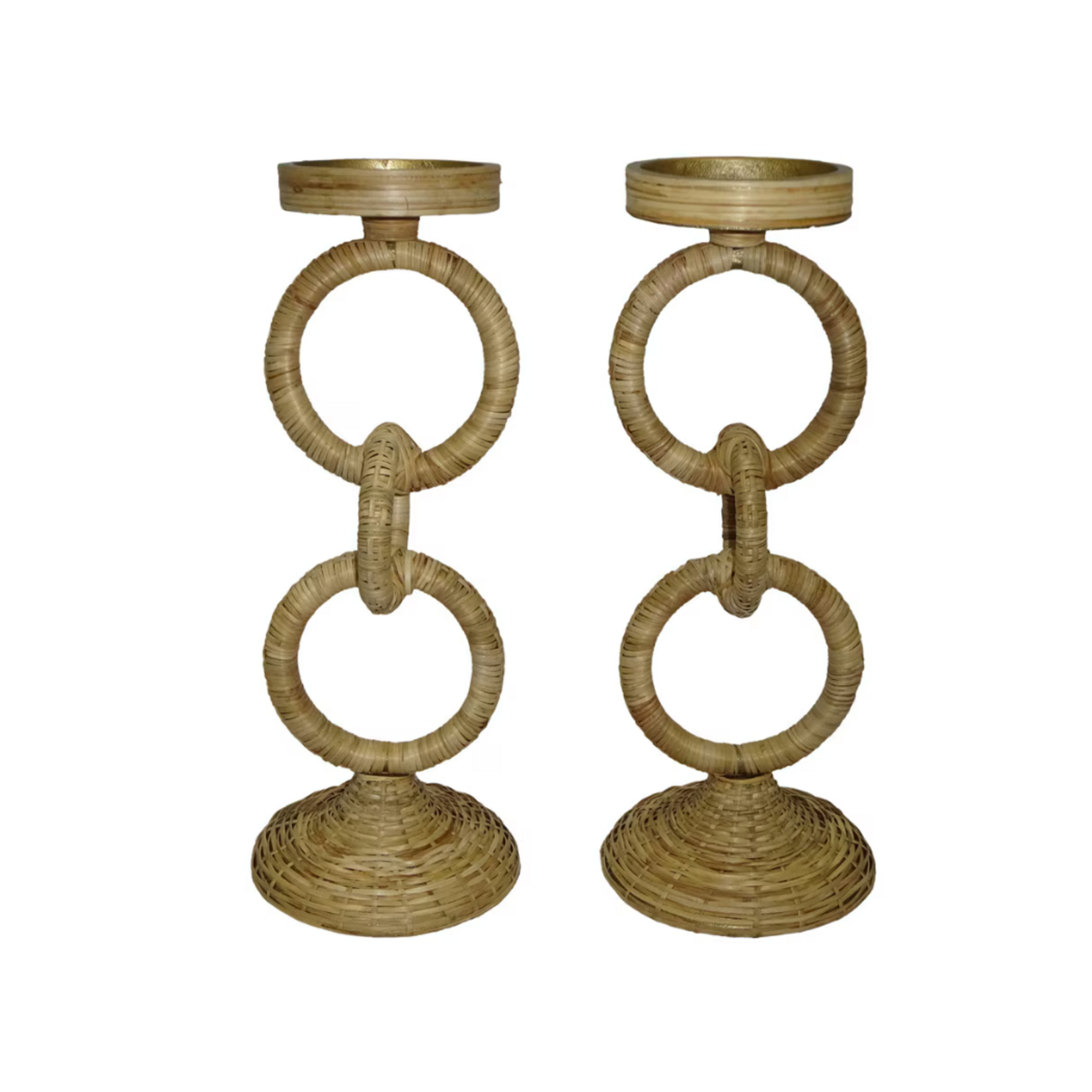Outside The Box 14" Set Of 2 Hand Crafted Rattan Wrapped Pillar Candleholder