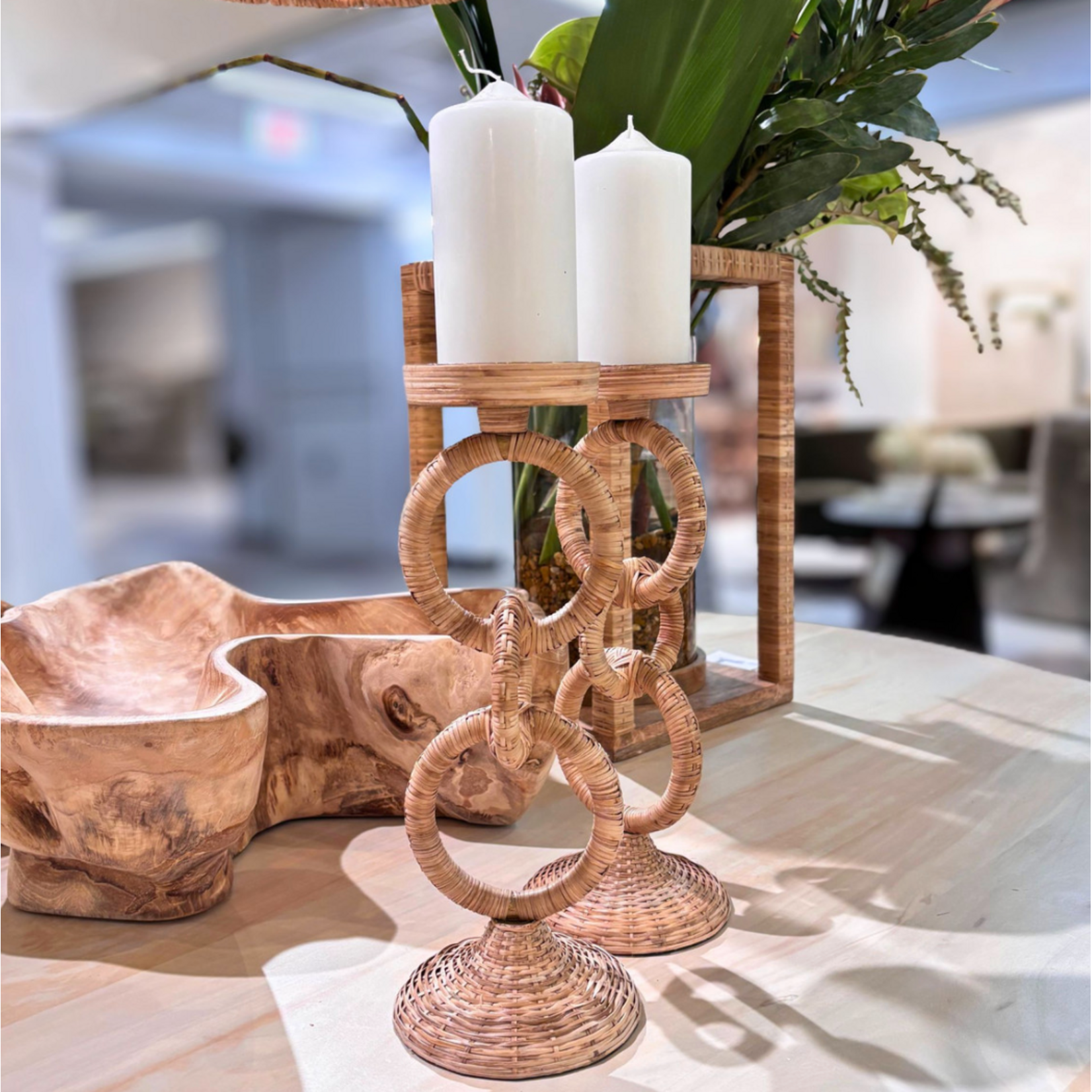 Outside The Box 14" Set Of 2 Hand Crafted Rattan Wrapped Pillar Candleholder