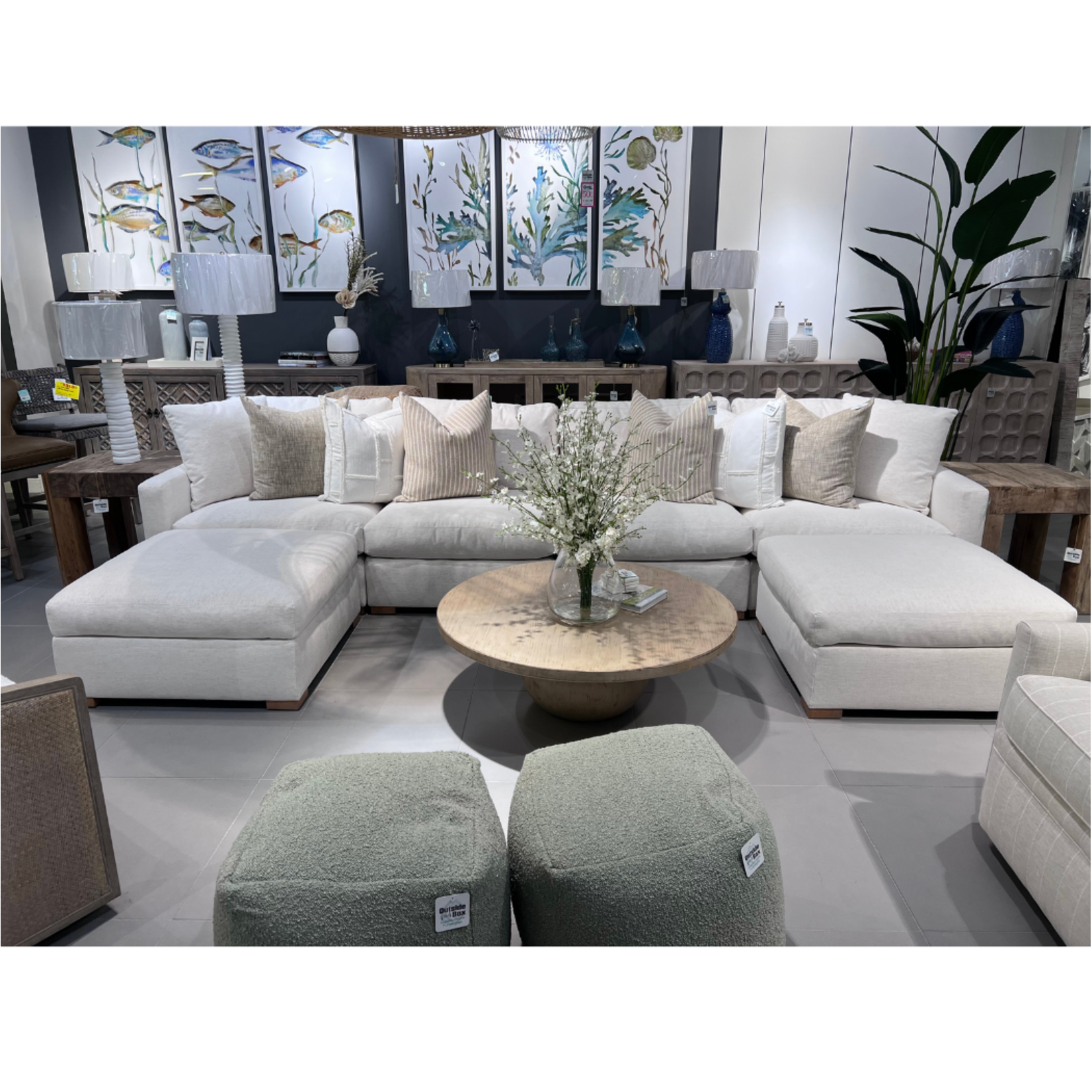 Outside The Box 150x76 Asher Nomad Snow Crypton Performance Harmony Upholstered Lounge Modular Sofa W / 2 Ottoman  102CR-19 (AA)