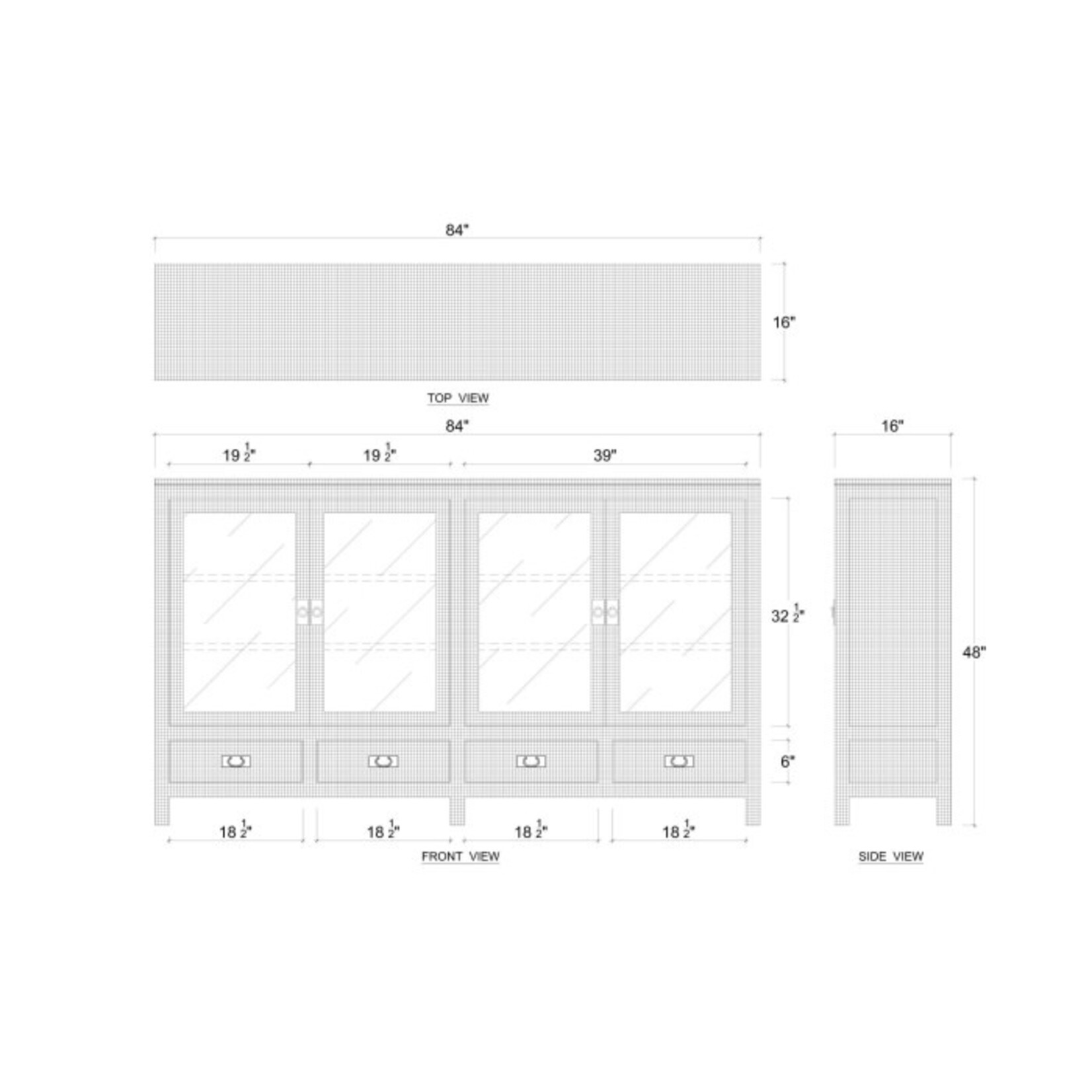 Outside The Box 84x16x48 Kagu Raffia 4 Door Low Cabinet In White Wash - RFWW / SNB