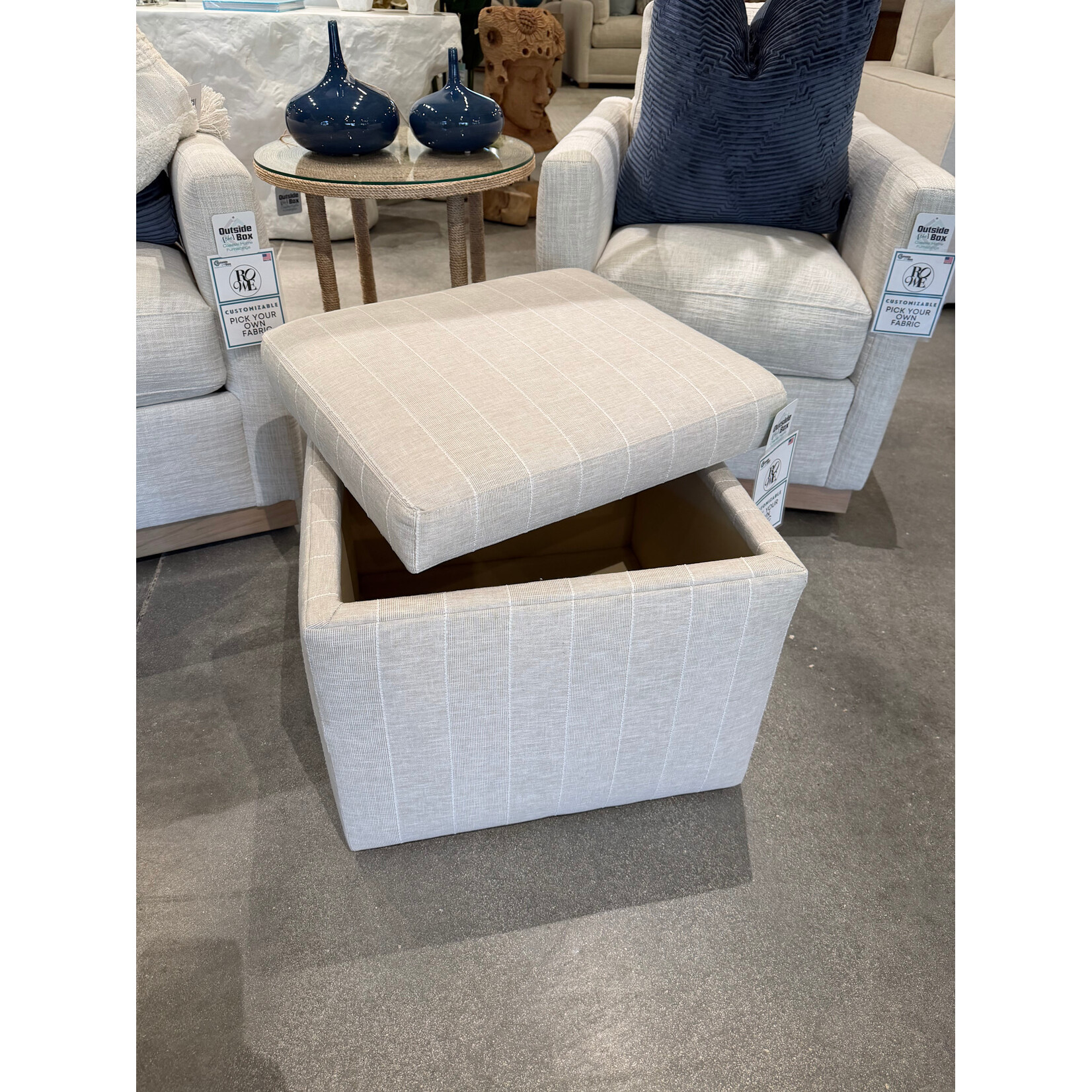 Outside The Box 22x20x20 Remy  Natural W / Stripe Kid Proof Performance Upholstered Rectangular Storage Ottoman RA251-19 (AA)