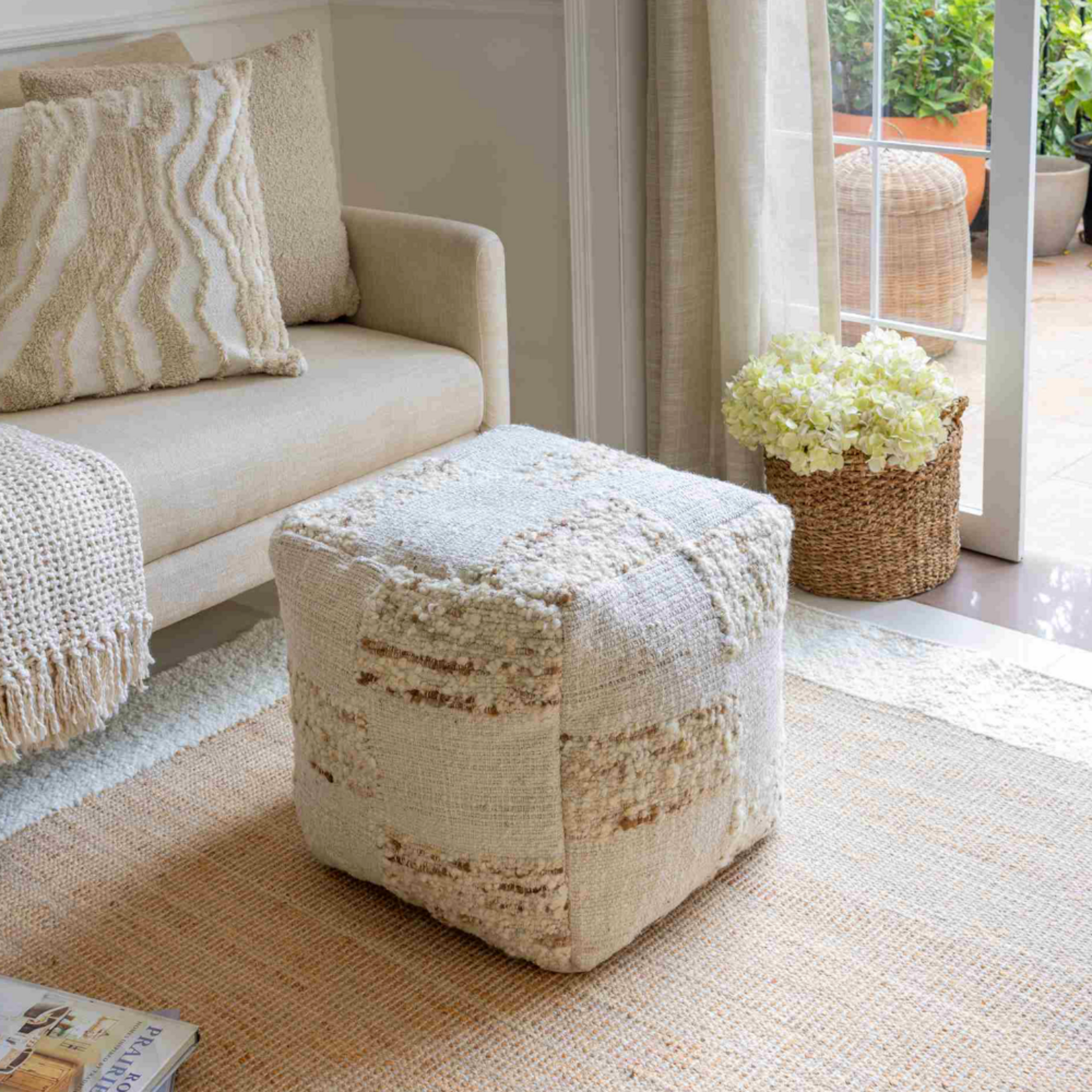 Outside The Box 18x18 Ivory & Natural Wool Bland Hand Woven Square Ottoman / Pouf - 32460