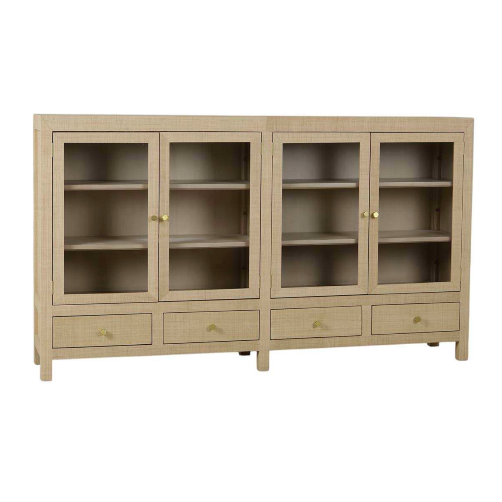 Outside The Box 84x16x48 Kagu Raffia 4 Door Low Cabinet In White Wash - RFWW / SNB
