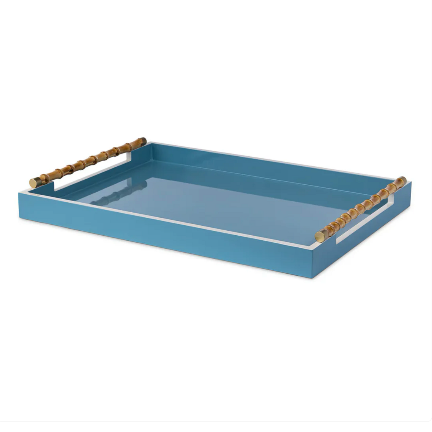 Outside The Box 24x18 Coco Cay Lacquered Tray W / Bamboo Handle In Mistral Blue