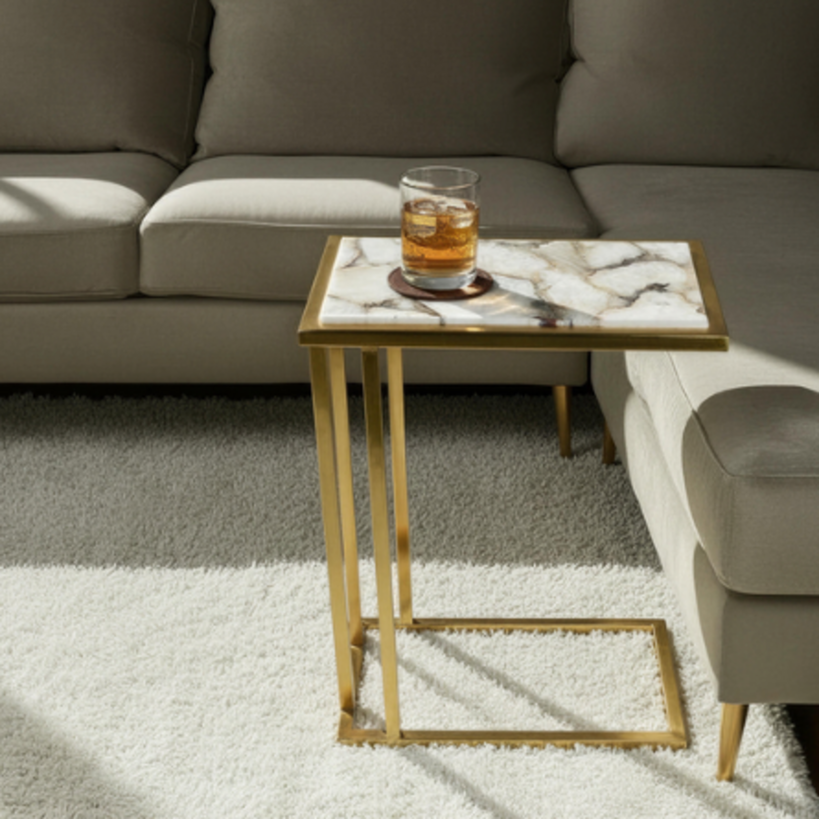 Outside The Box 9x17x24 Antique Gold & White Agate Cocktail / Side Table
