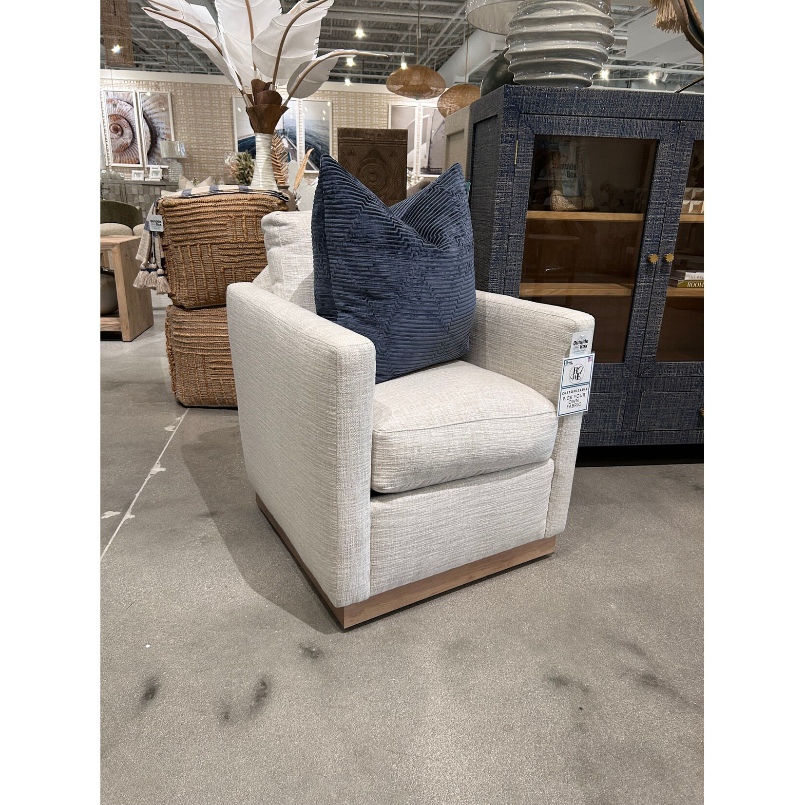 Outside The Box Alba Bone White Kid Proof Performance Fabric Upholstered Cloud Swivel Chair Washed Oak Base  BU104-43 (AA)