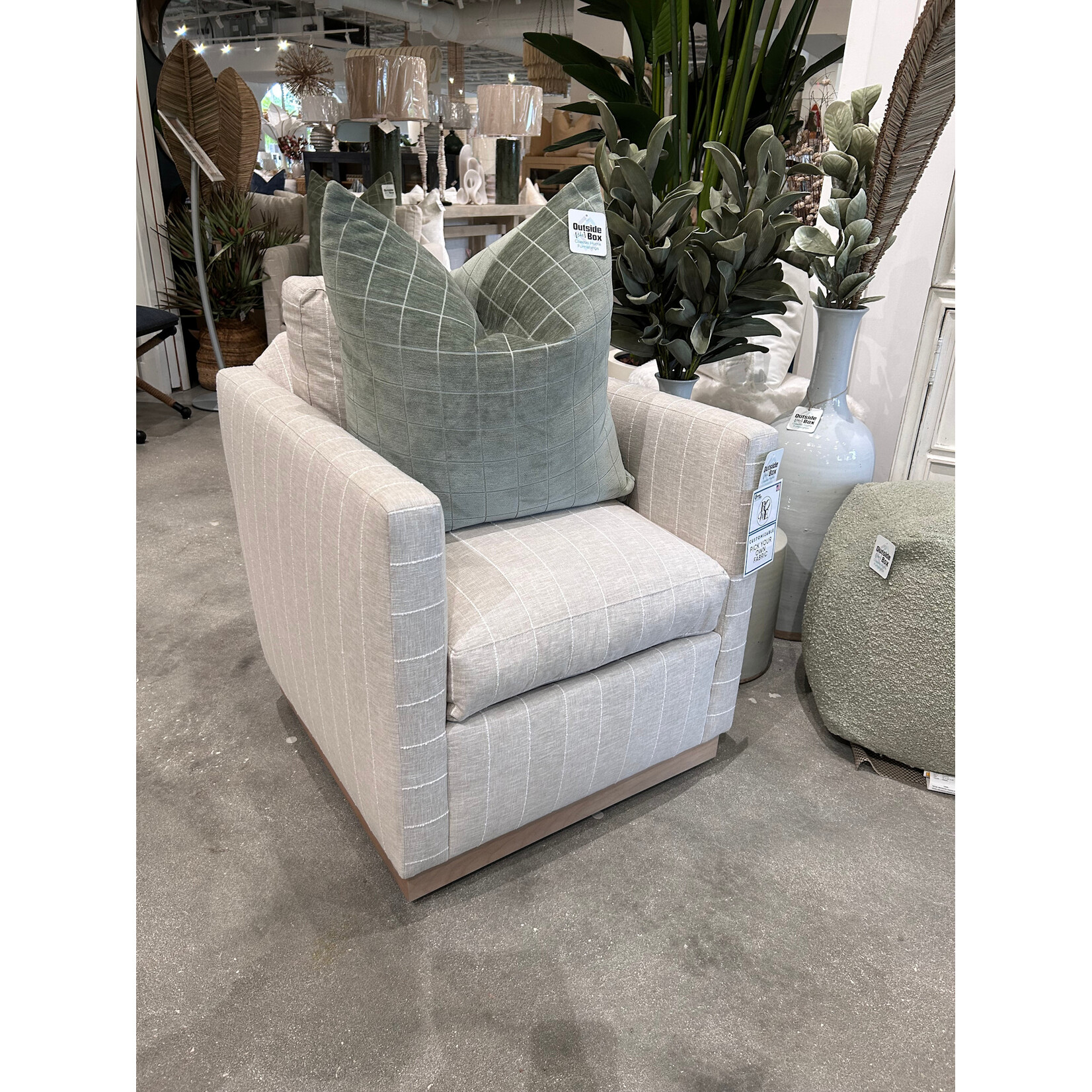 Outside The Box Alba Natural W / Stripe Kid Proof Performance Fabric Upholstered Cloud Swivel Chair Washed Oak Base RA251-19 (AA)