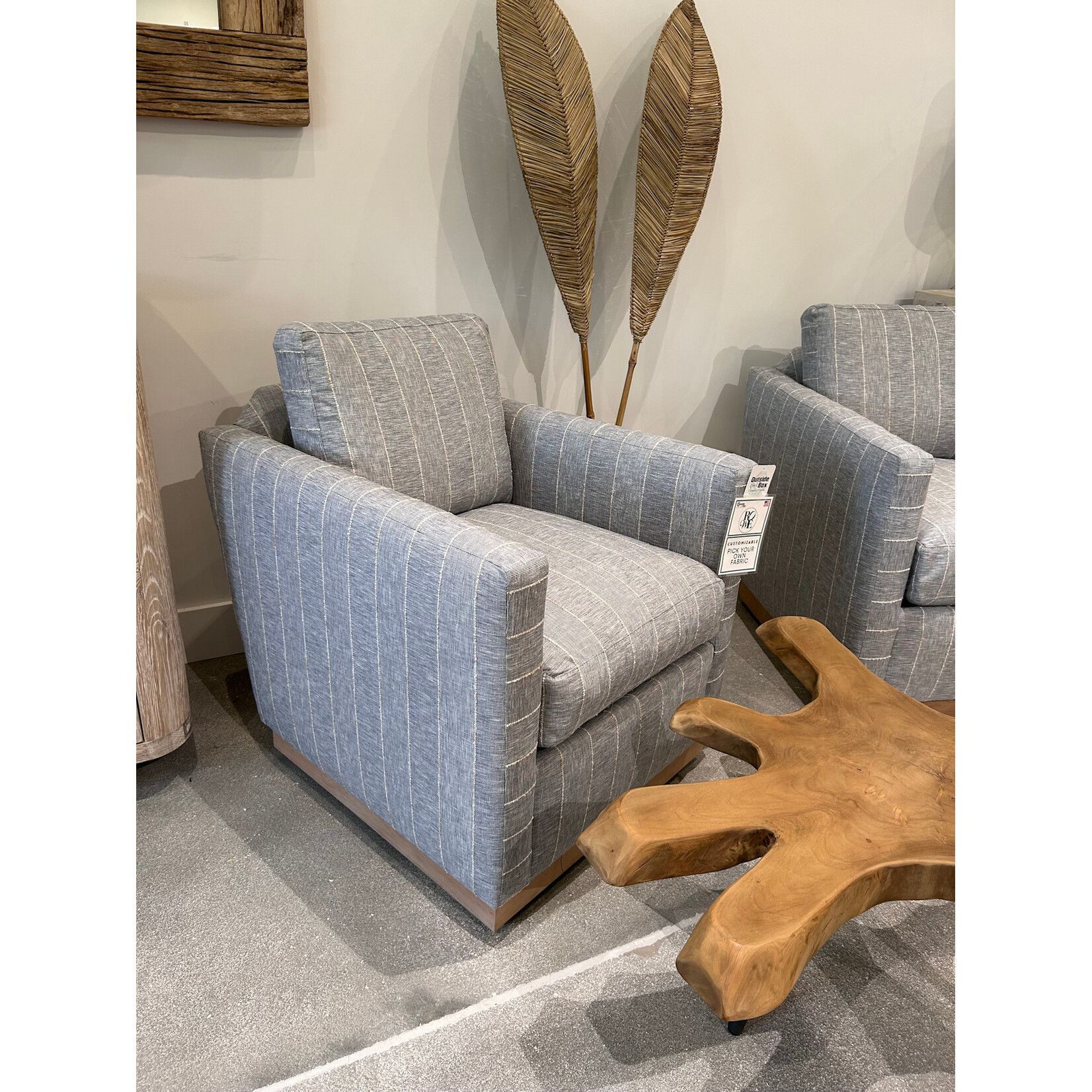 Outside The Box Alba Blue W / Stripe Kid Proof Performance Fabric Upholstered Cloud Swivel Chair Washed Oak Base RA251-52 (AA)