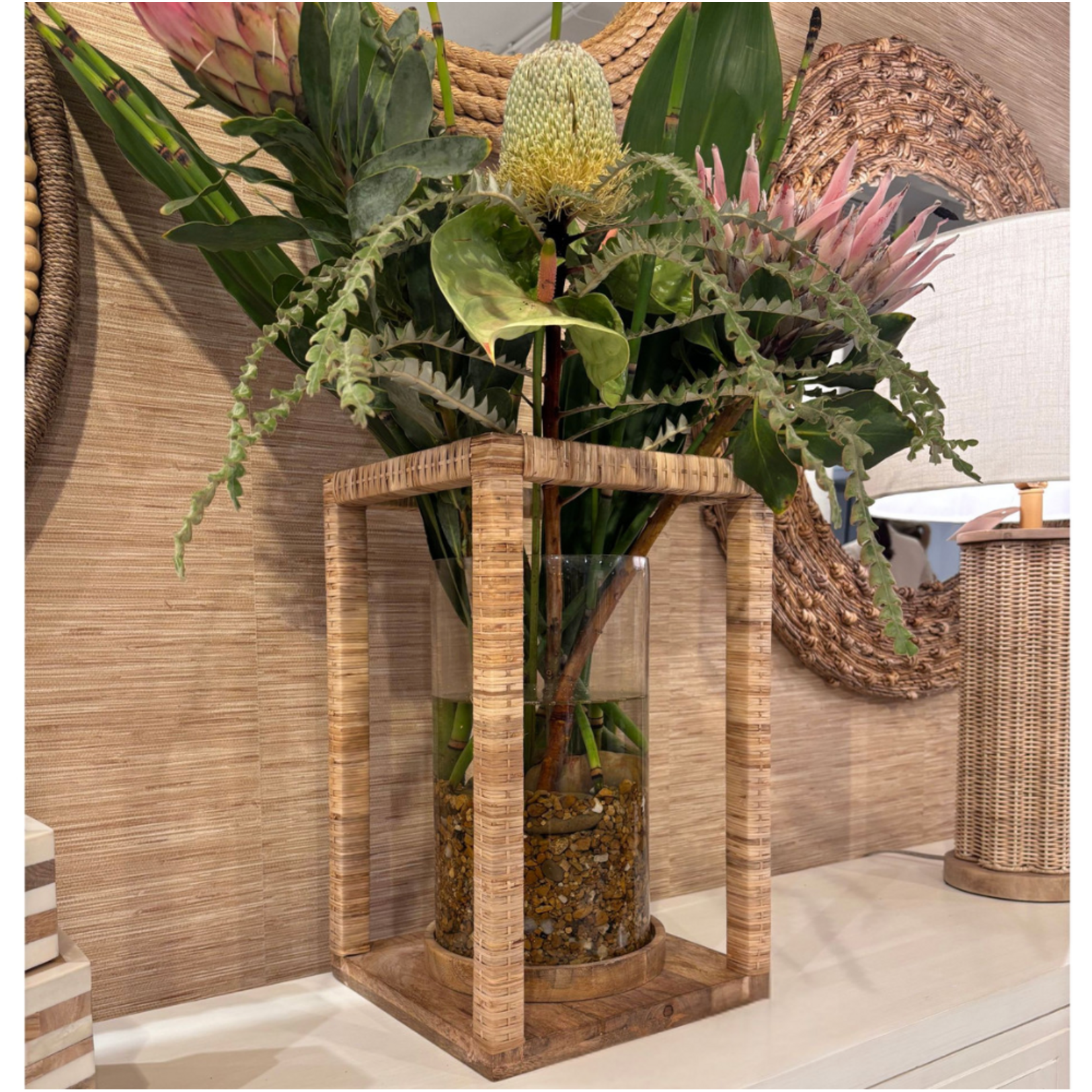 Outside The Box 18" Mango Wood Hand Crafted Rattan Wrapped Glass Lantern