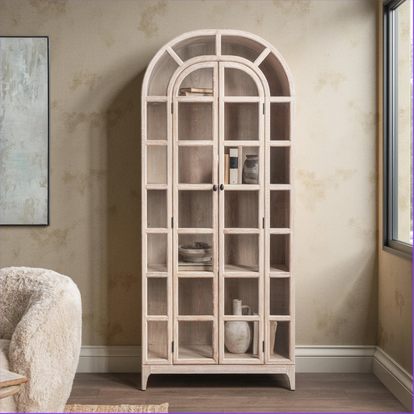 Outside The Box 86x18x37 Waverly White Washed Elm Wood 2 Glass Door Bookcase