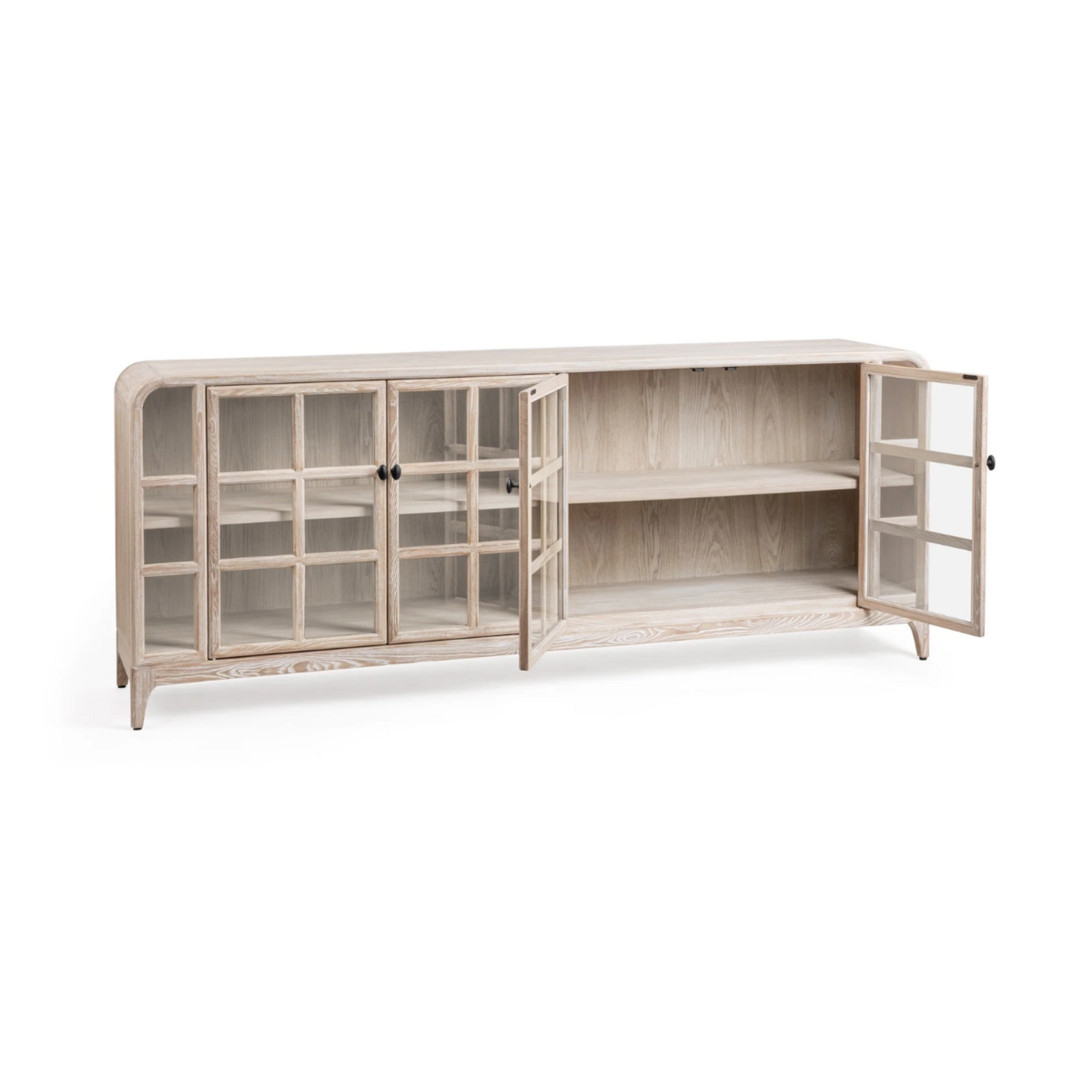 Outside The Box 85x18x34 Waverly White Washed Elm Wood 4 Glass Door Sideboard