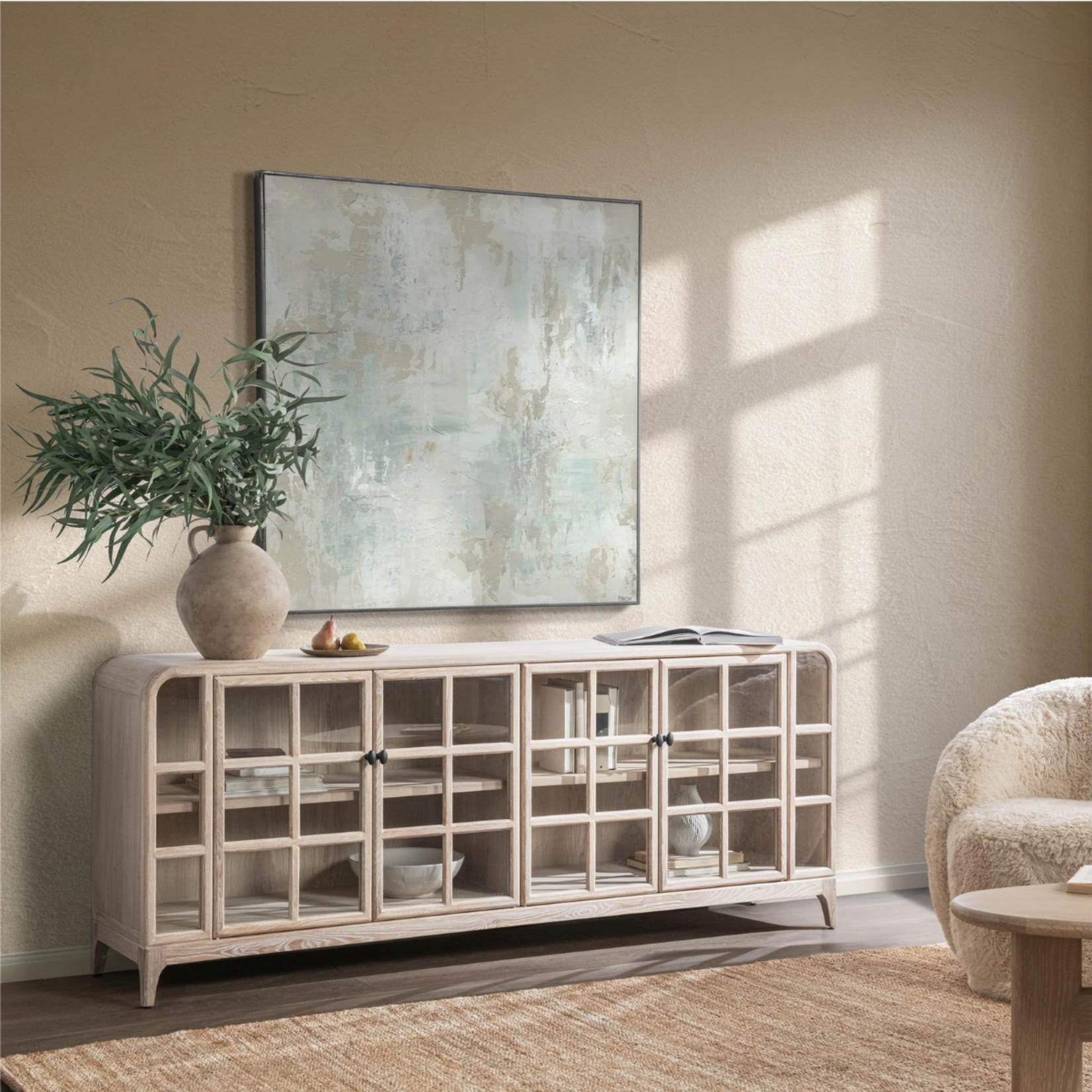 Outside The Box 85x18x34 Waverly White Washed Elm Wood 4 Glass Door Sideboard