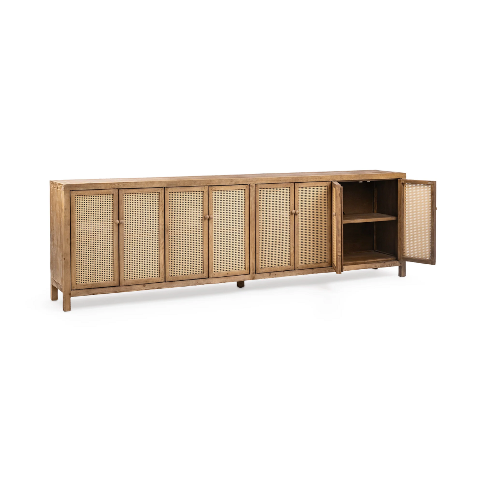 Outside The Box 122x19x38 Alvin Reclaimed Pine & Rattan 8 Door Sideboard In Sandy Cove