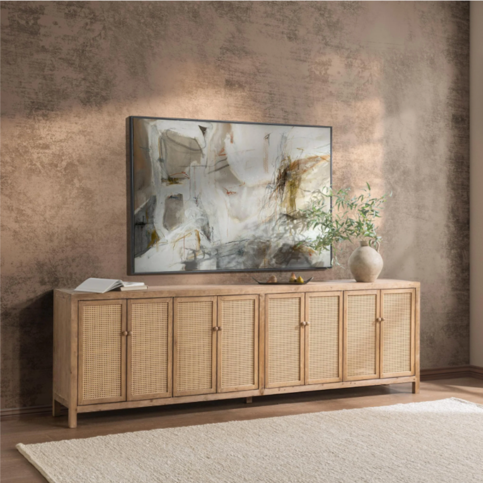 Outside The Box 122x19x38 Alvin Reclaimed Pine & Rattan 8 Door Sideboard In Sandy Cove