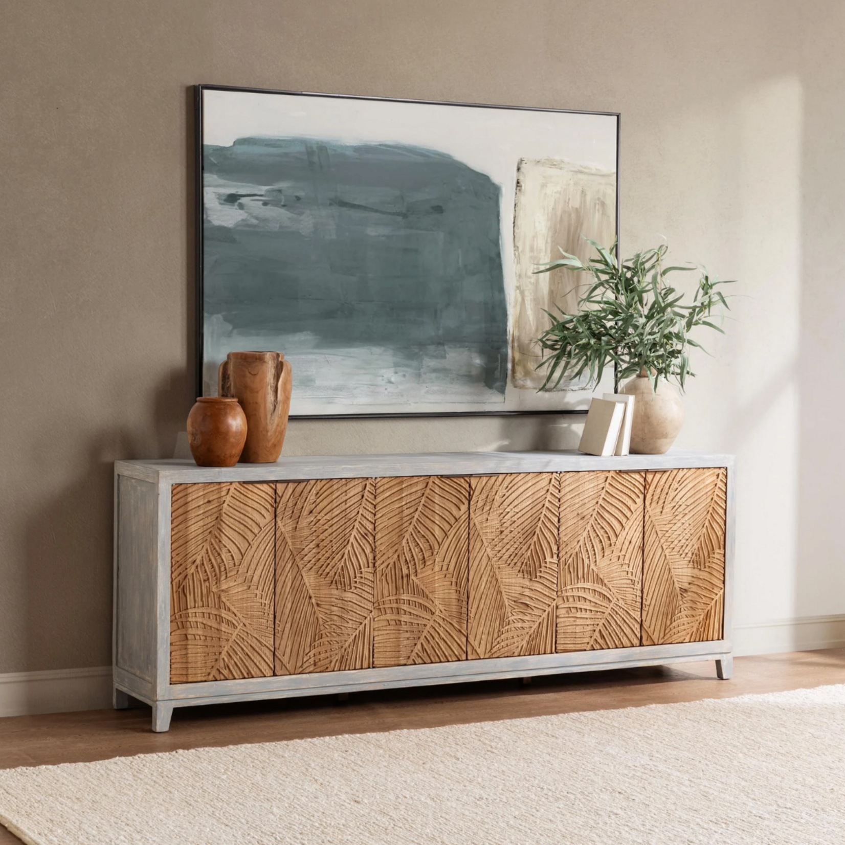 Outside The Box 98x18x36 Ambrose Reclaimed Pine 6 Door Sideboard In Soft Coastal Blue & Natural