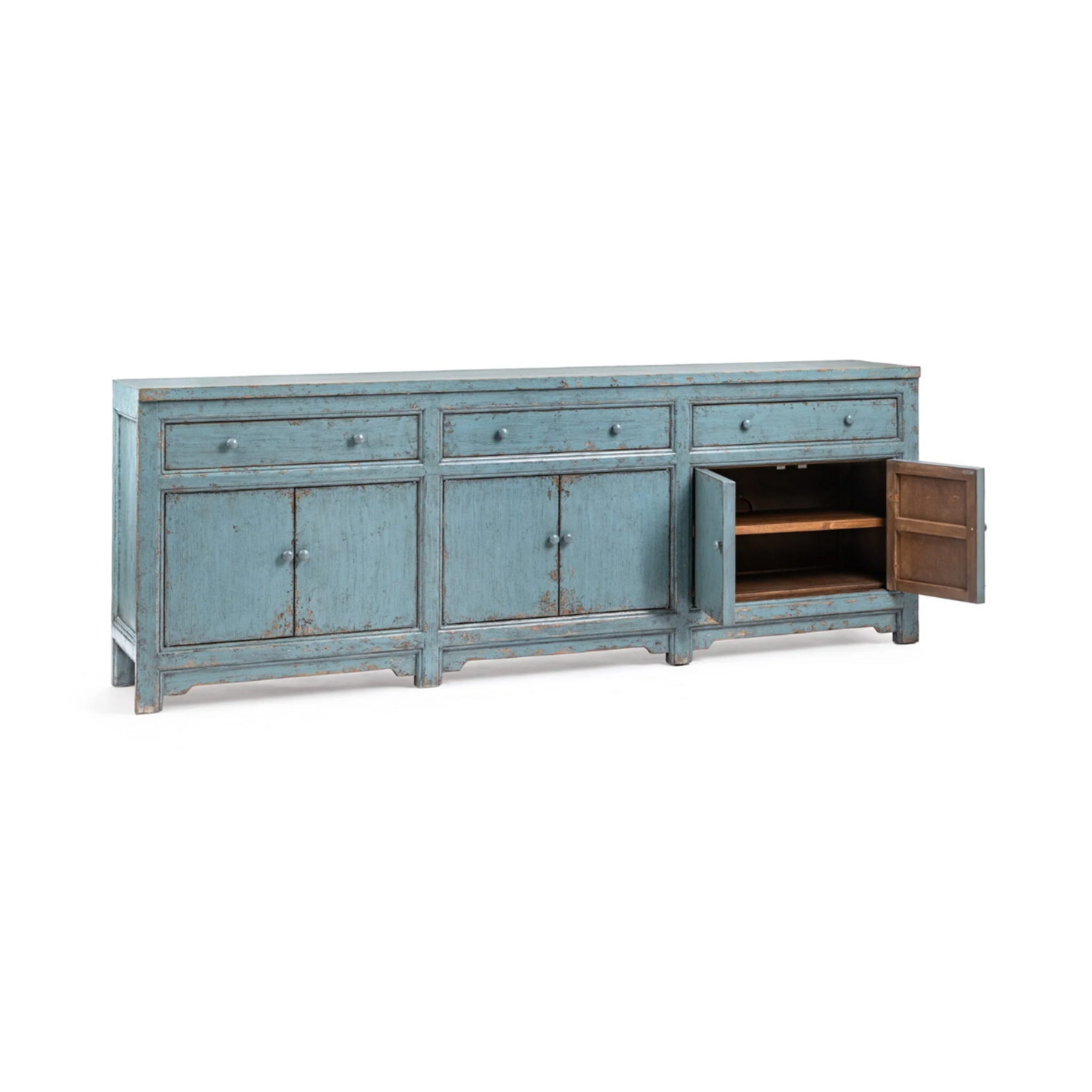 Outside The Box 104x18x38 Winford Reclaimed Pine 3 Drawer 6 Door Sideboard In Harbor Blue