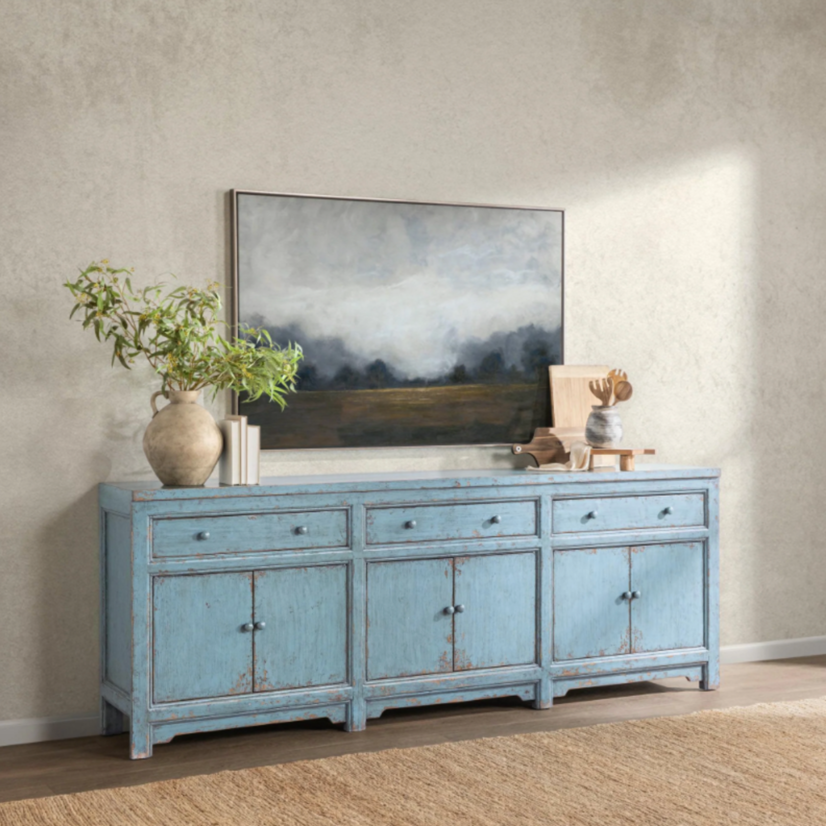 Outside The Box 104x18x38 Winford Reclaimed Pine 3 Drawer 6 Door Sideboard In Harbor Blue