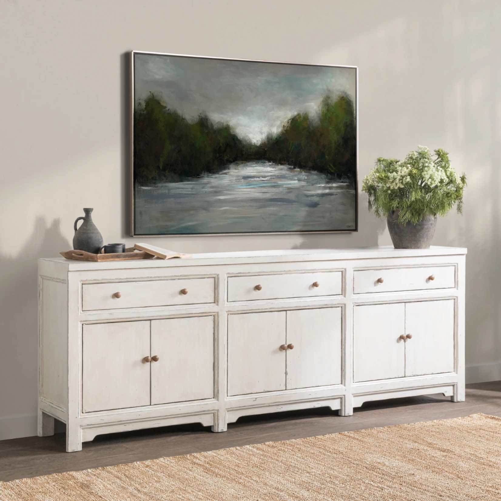 Outside The Box 104x18x38 Winford Reclaimed Pine 3 Drawer 6 Door Sideboard In Coastal Cream