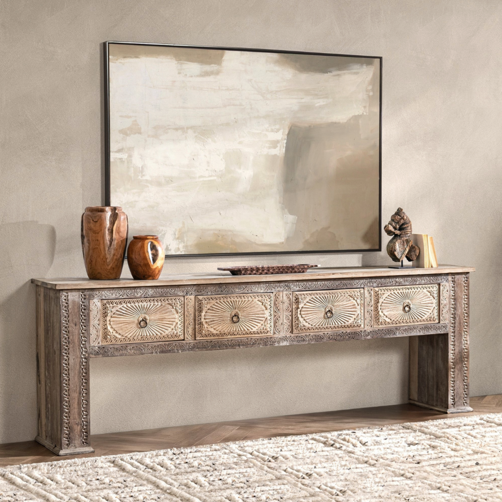 Outside The Box 108x18x36 Qena Reclaimed Butterwood Blend 4 Drawer Console