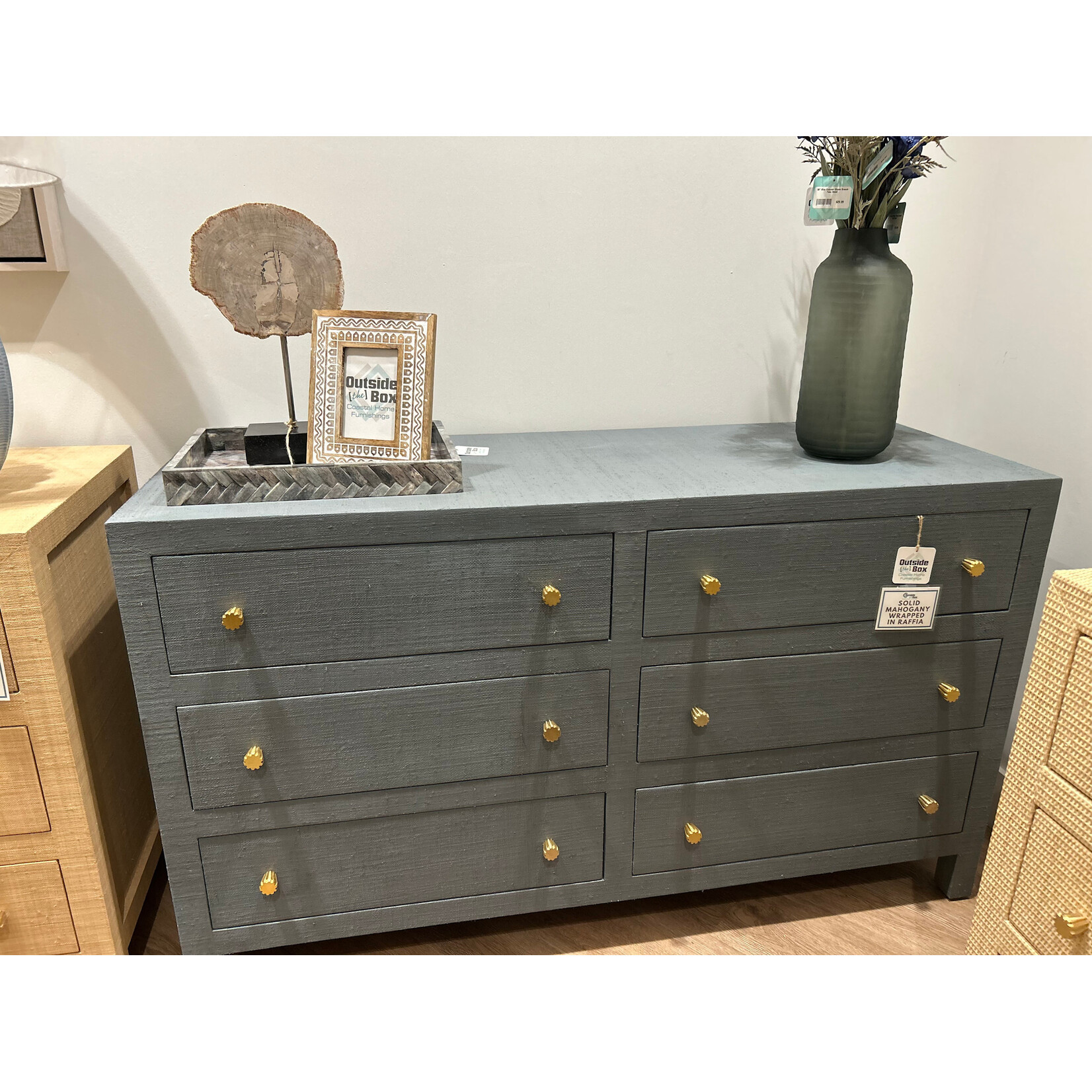 Outside The Box 58x20x34 Kagu Mahogany 6 Drawer Dresser Raffia Wrapped In Homburg Blue - RFHM