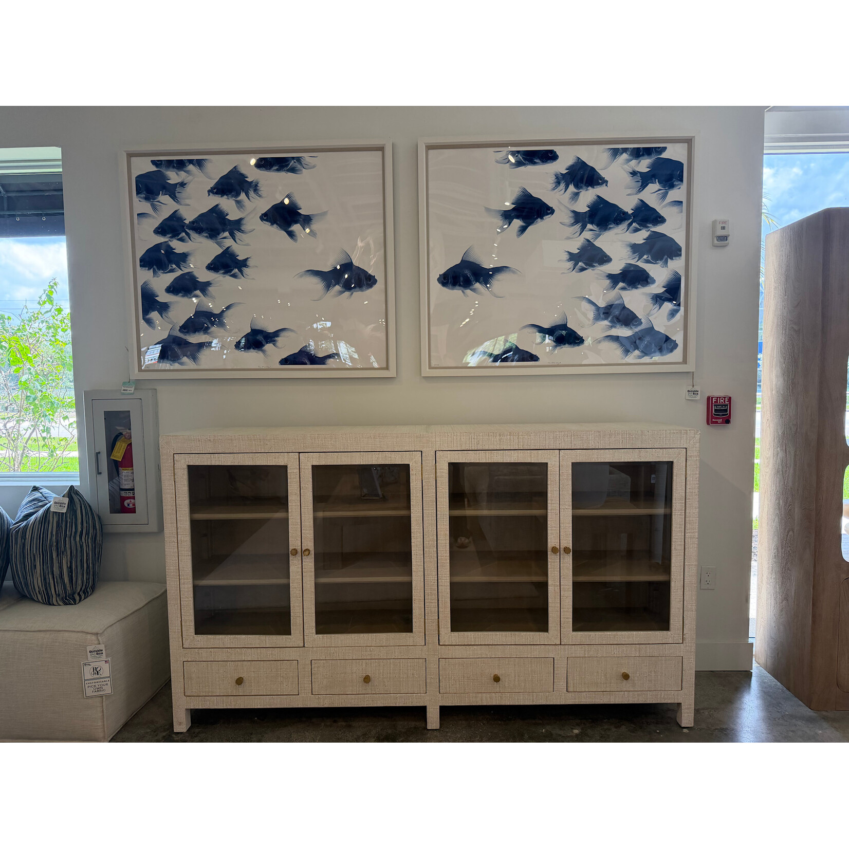 Outside The Box 84x16x48 Kagu Raffia 4 Door Low Cabinet In White Wash - RFWW / SNB