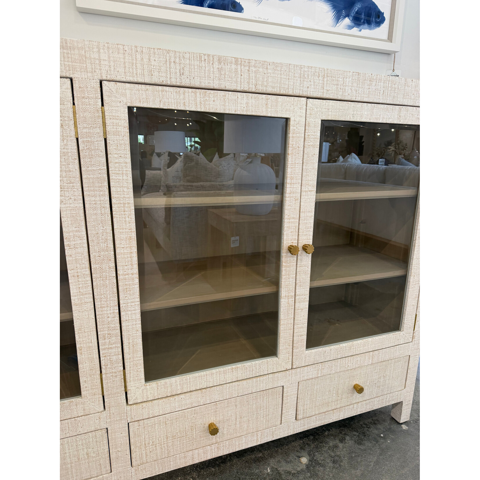 Outside The Box 84x16x48 Kagu Raffia 4 Door Low Cabinet In White Wash - RFWW / SNB