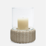 Outside The Box 13" Amity Faux Rattan & Glass Hurricane Candle Holder In White
