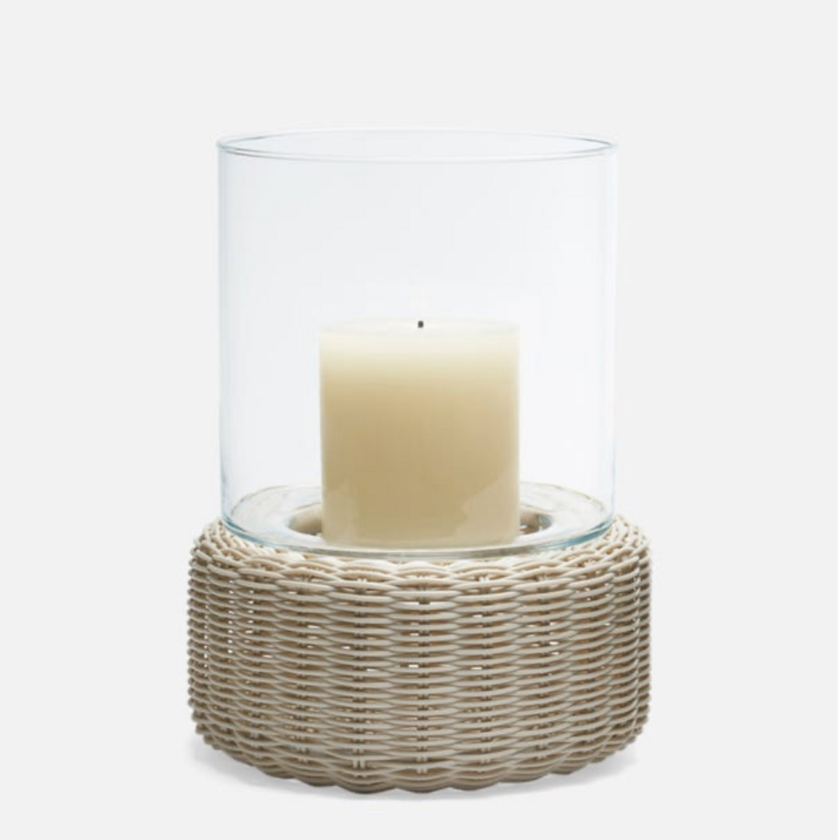 Outside The Box 13" Amity Faux Rattan & Glass Hurricane Candle Holder In White