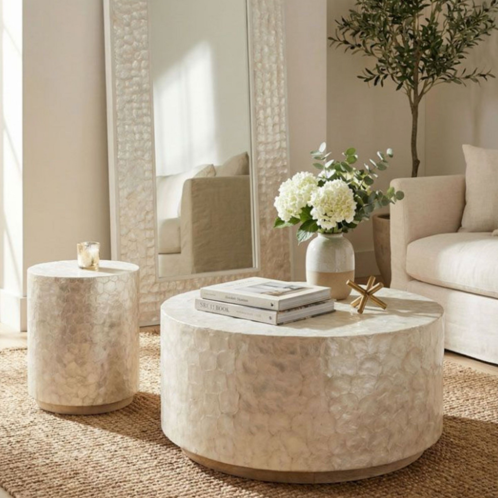 Outside The Box 30x16 Solana Hand Crafted Capiz Shells & Acacia Wood Round Coffee Table