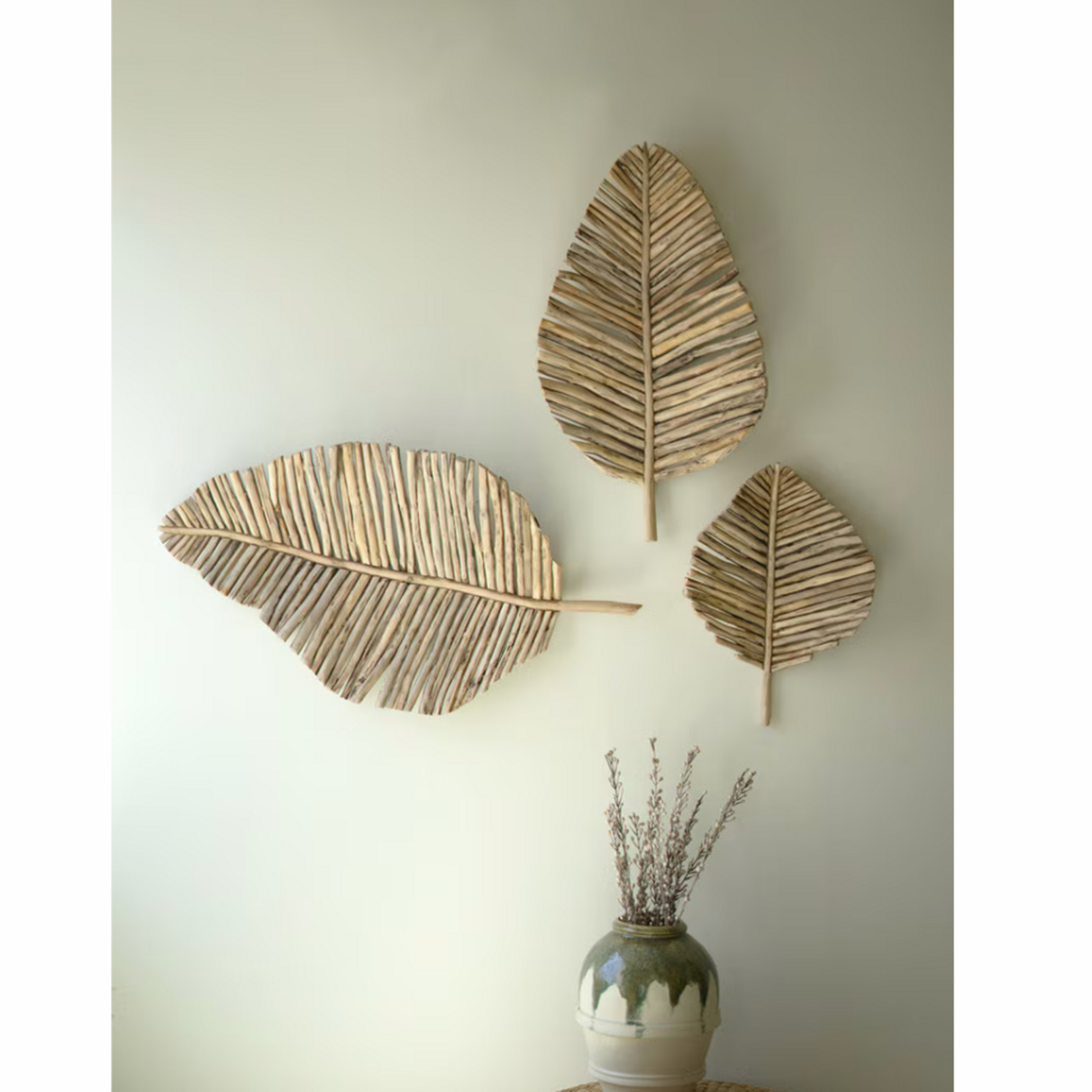 Outside The Box 40", 31" & 24" Set Of 3 Natural Teak Wood Hand Crafted Leaves Wall Art