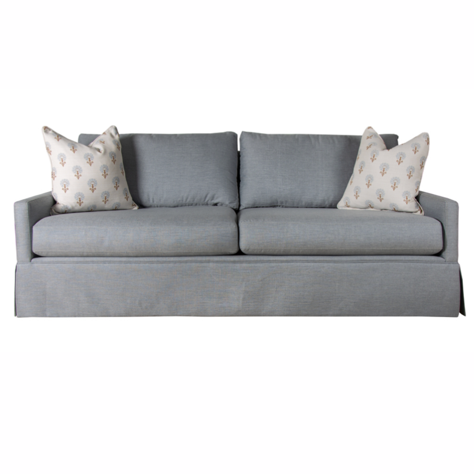 Outside The Box 85x39x38 Willa Haze Sunbrella Performance Top-Stitch Upholstered Skirted Cloud-Lux Sofa