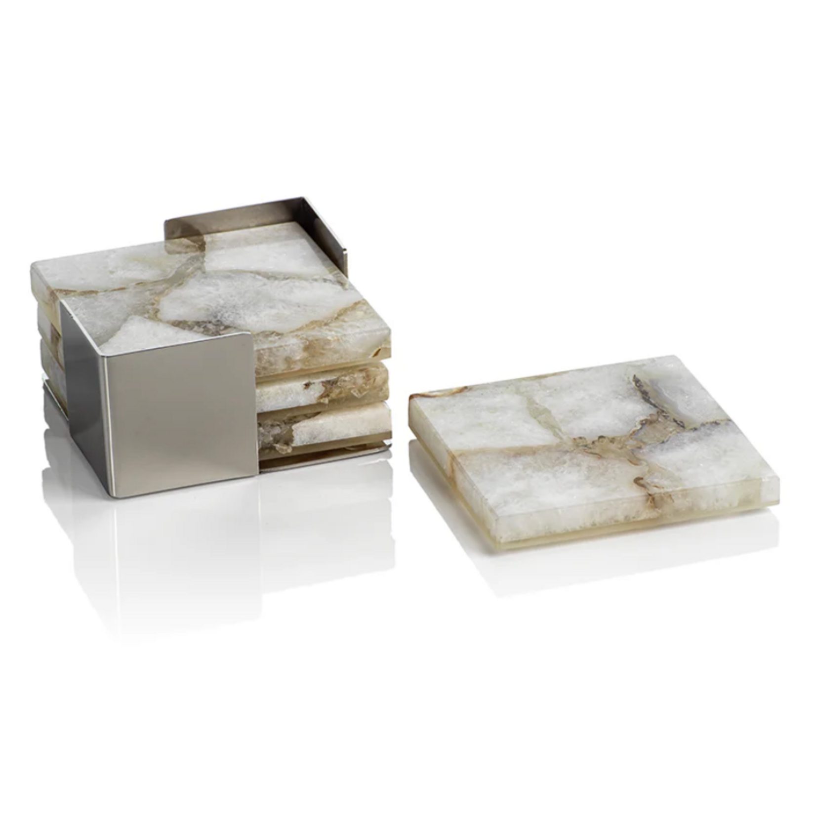Outside The Box 4" Set Of 4 Crete Agate Taupe & White On Metal Tray Coasters