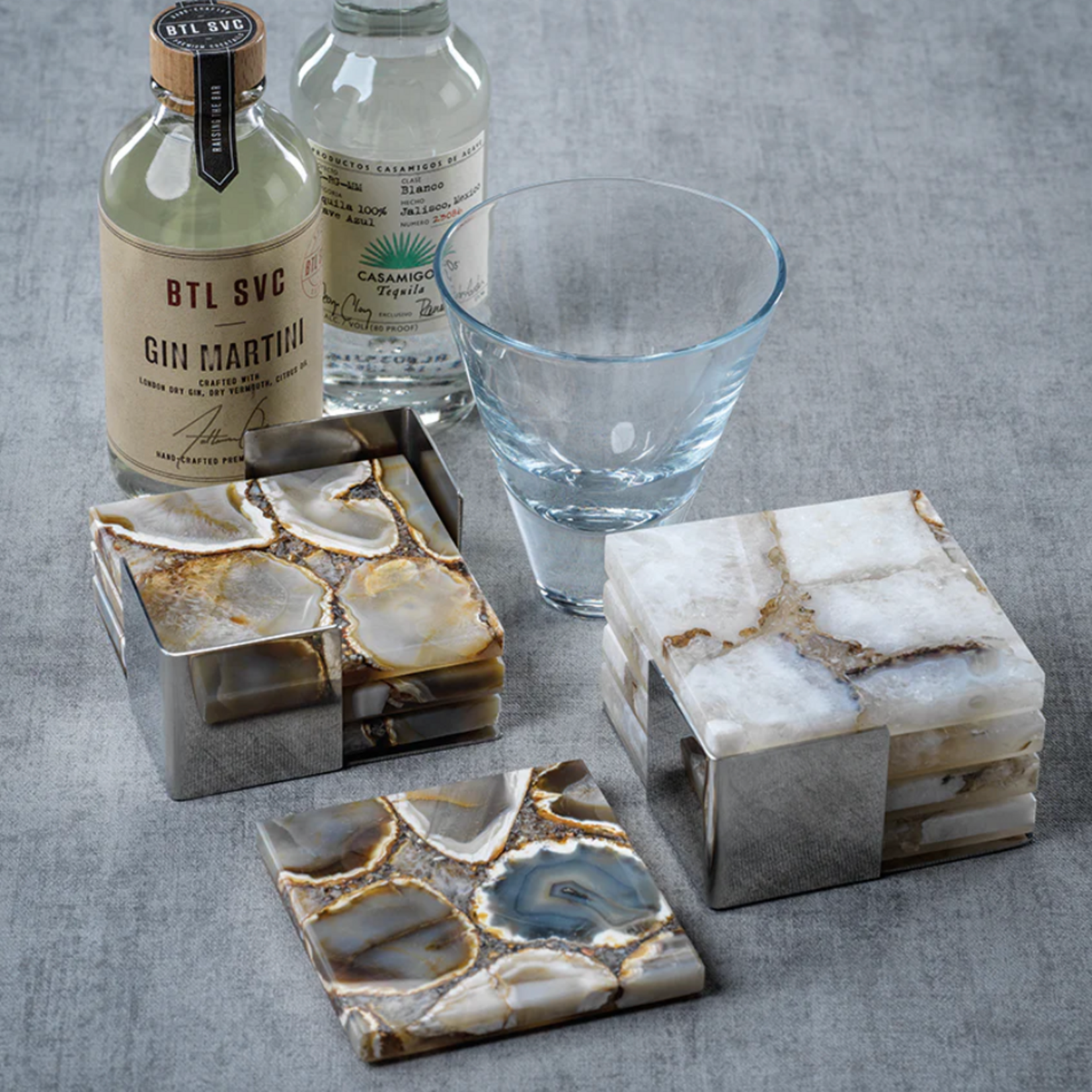 Outside The Box 4" Set Of 4 Crete Agate Taupe & White On Metal Tray Coasters