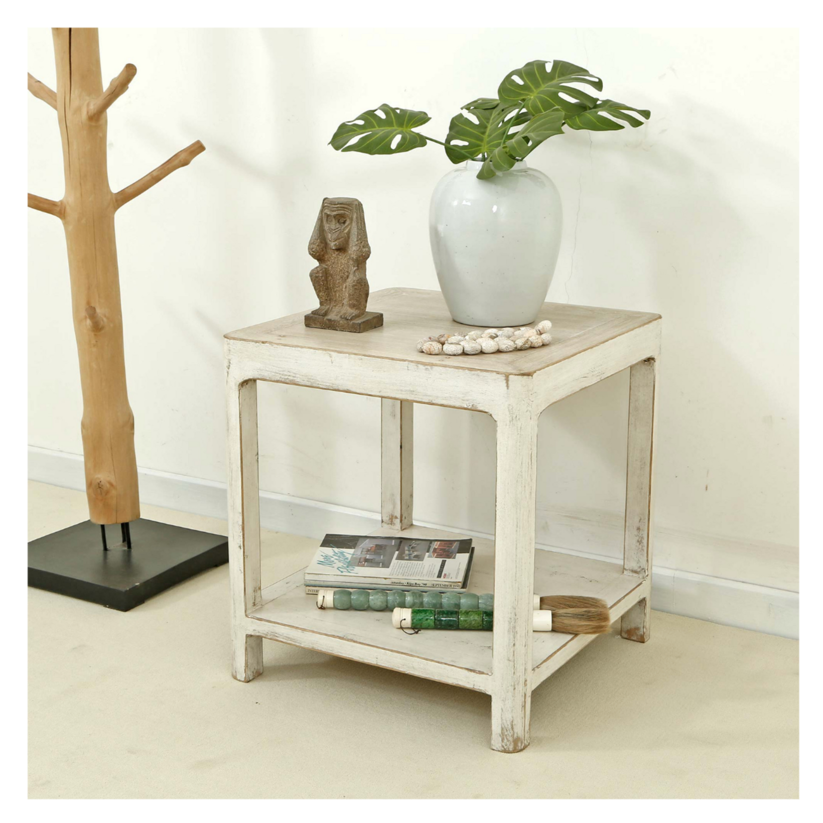 Outside The Box 22x22x24 Peking Ming Antique White Reclaimed Wood Square Side Table