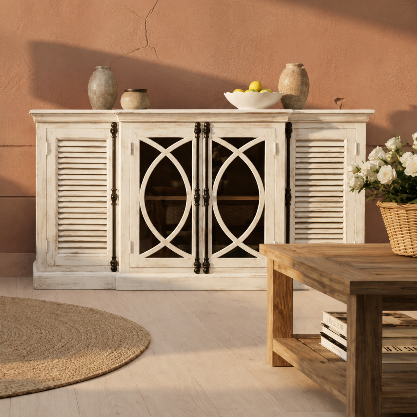 Outside The Box 72x16x38 White Distressed Reclaimed Mango Wood 2 Glass & 2 Moon Shutter Door Sideboard
