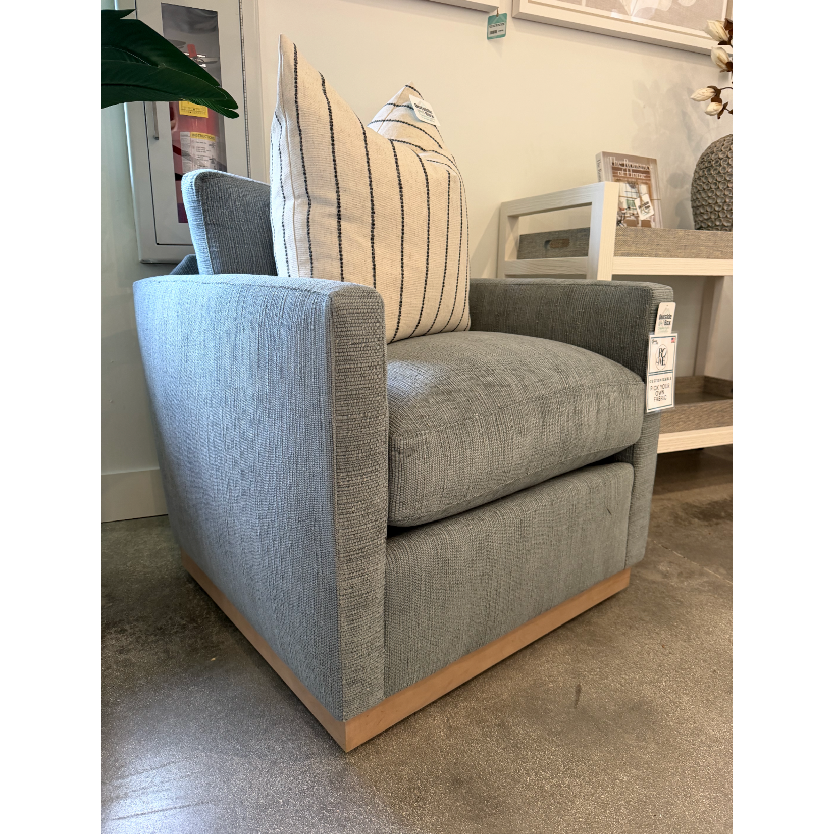 Outside The Box Allie Ice Blue Poly Performance Fabric Upholstered Cloud Swivel Chair Washed Oak Base 12816-34 (AA)