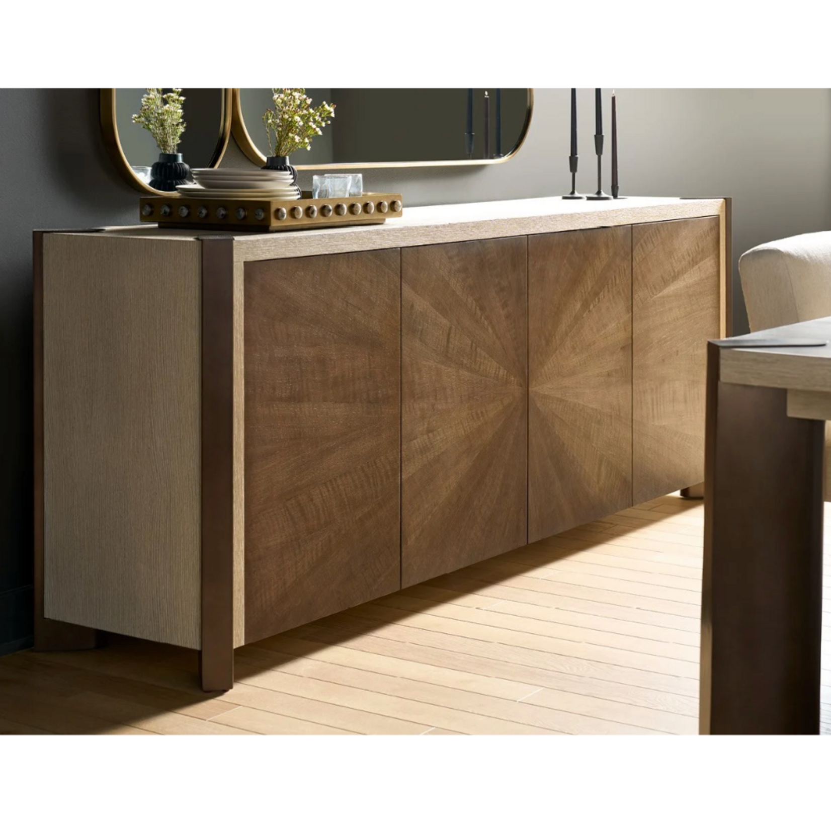Outside The Box 89x21x34 Mist Two Tone Oak & Haze Walnut 4 Door Sideboard / Console