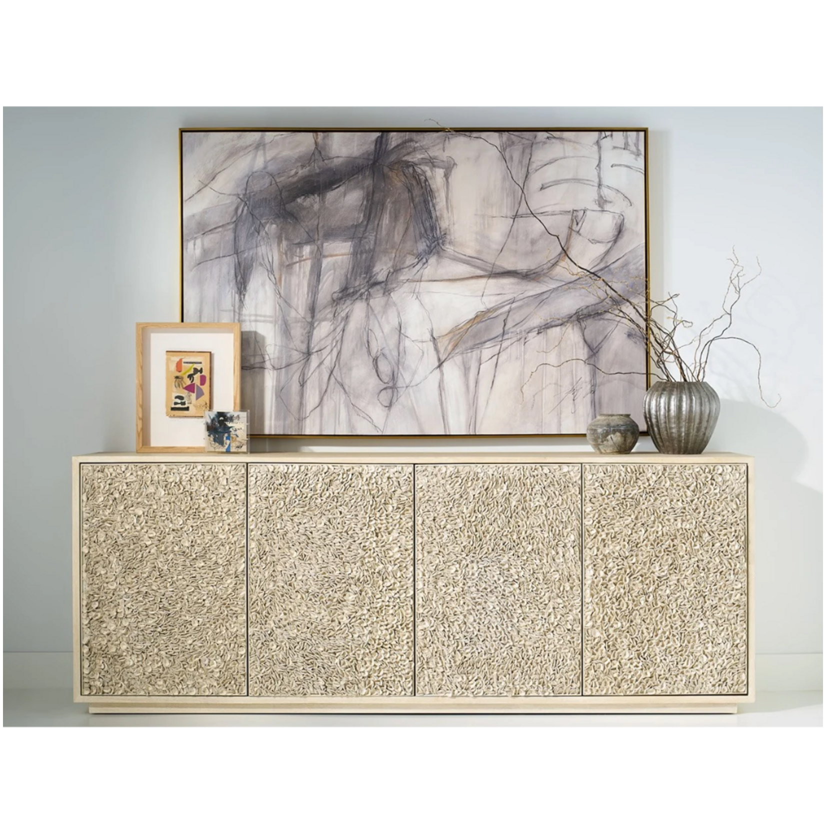 Outside The Box 96x19x36 Blossom Light Oak Leather Gray Petaled 4 Door Sideboard