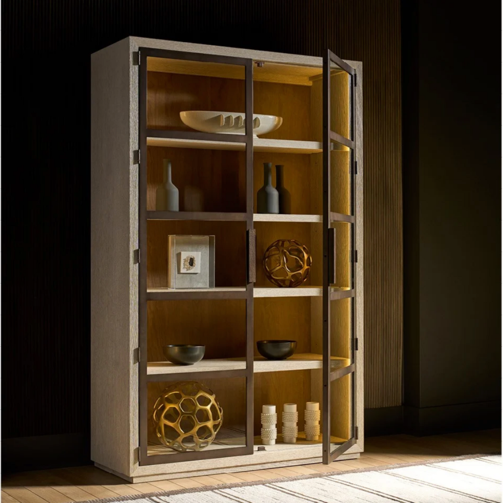Outside The Box 80x19x50 Mist Light Oak Smoked Gold Metal 2 Door Bookcase