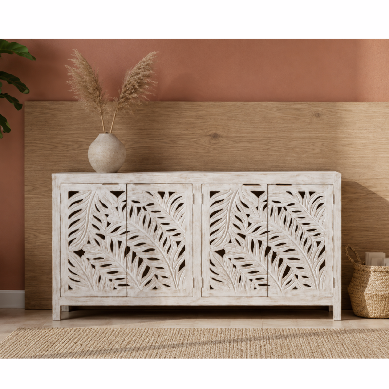 Outside The Box 72x16x38 Banana Leaf Carved White Washed Mango Wood 4 Door Carved Sideboard