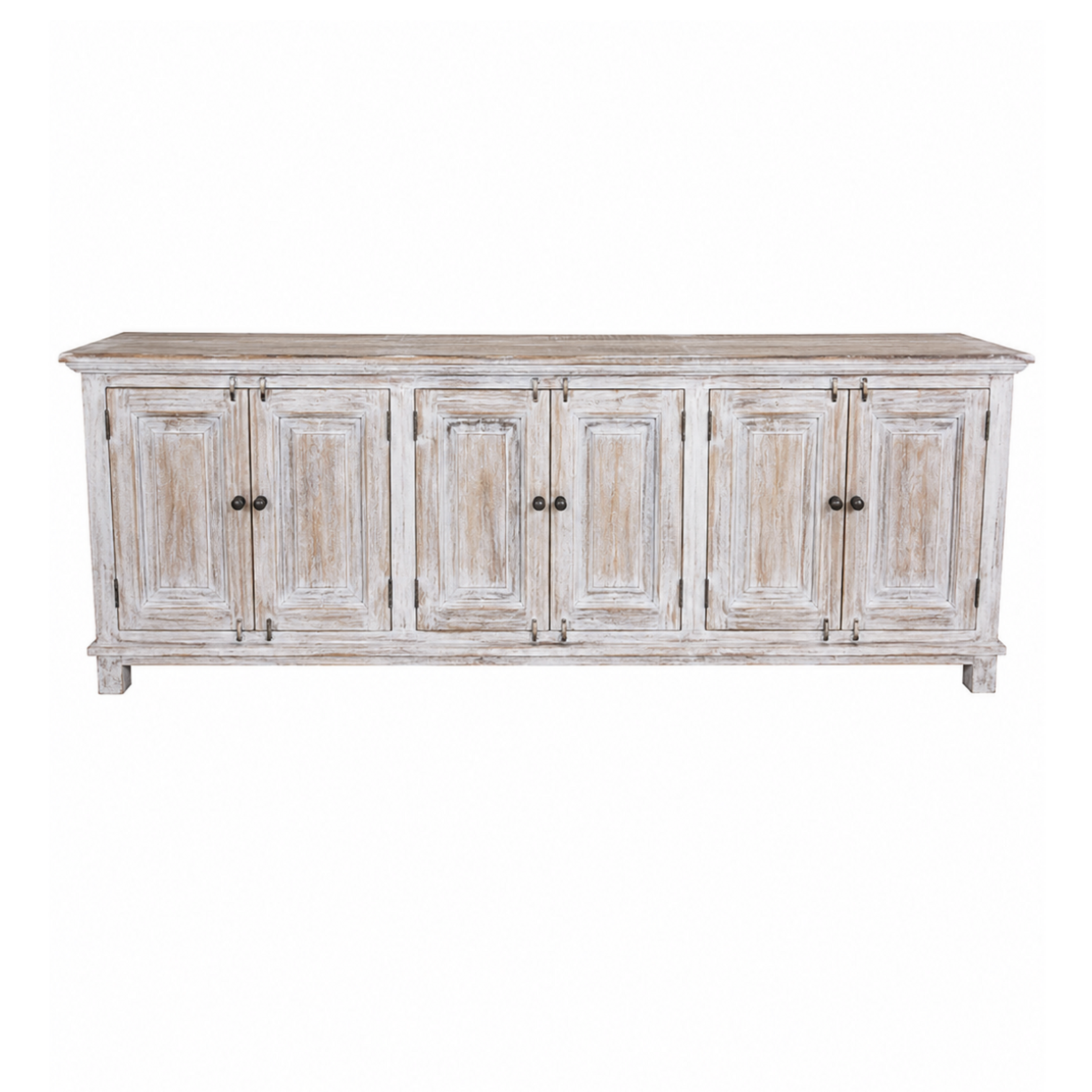 Outside The Box 96x10x38 White Washed Reclaimed Mango Wood 6 Door Slim Sideboard