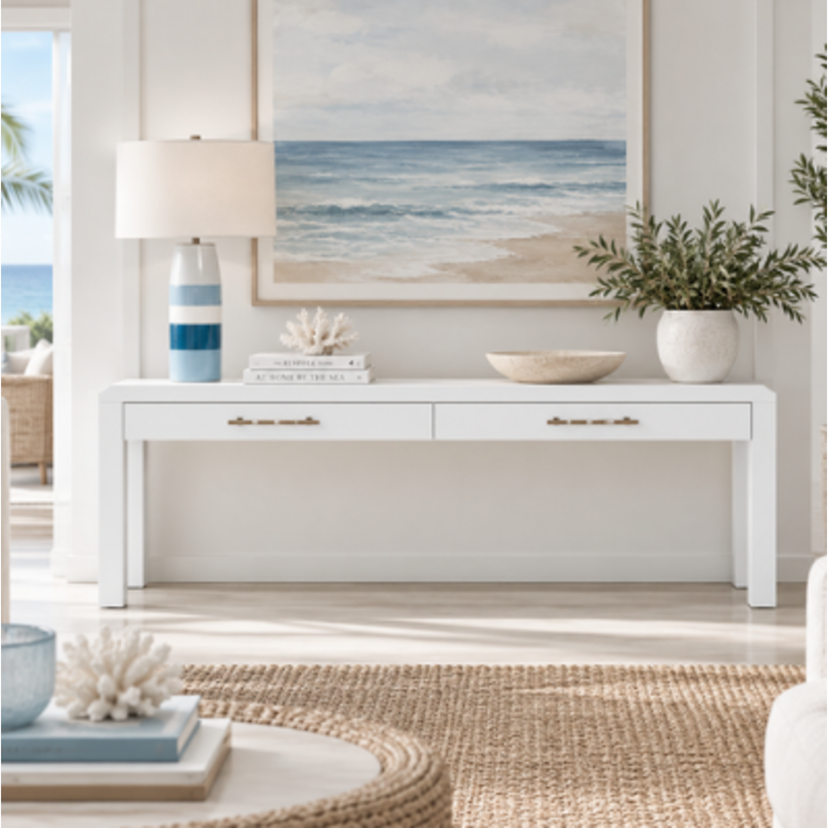Outside The Box 72x16x32 Sailmaker White Linen Wrapped Wood 2 Drawer Console Table