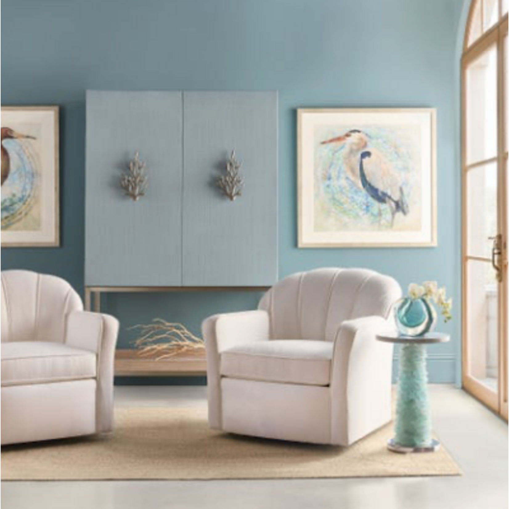 Outside The Box 74x21x46 Gulfsteam Blue Linen Wrapped Wood 2 Door Interior Light Bar Cabinet