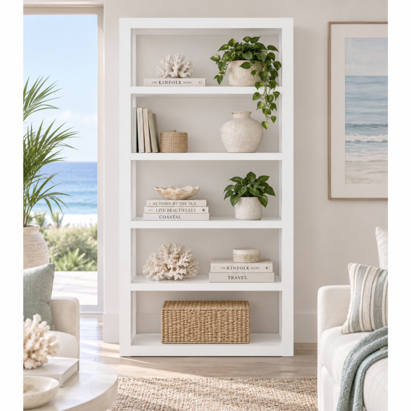 Outside The Box 86x19x44 Sailmaker White Linen Wrapped Wood Etagere