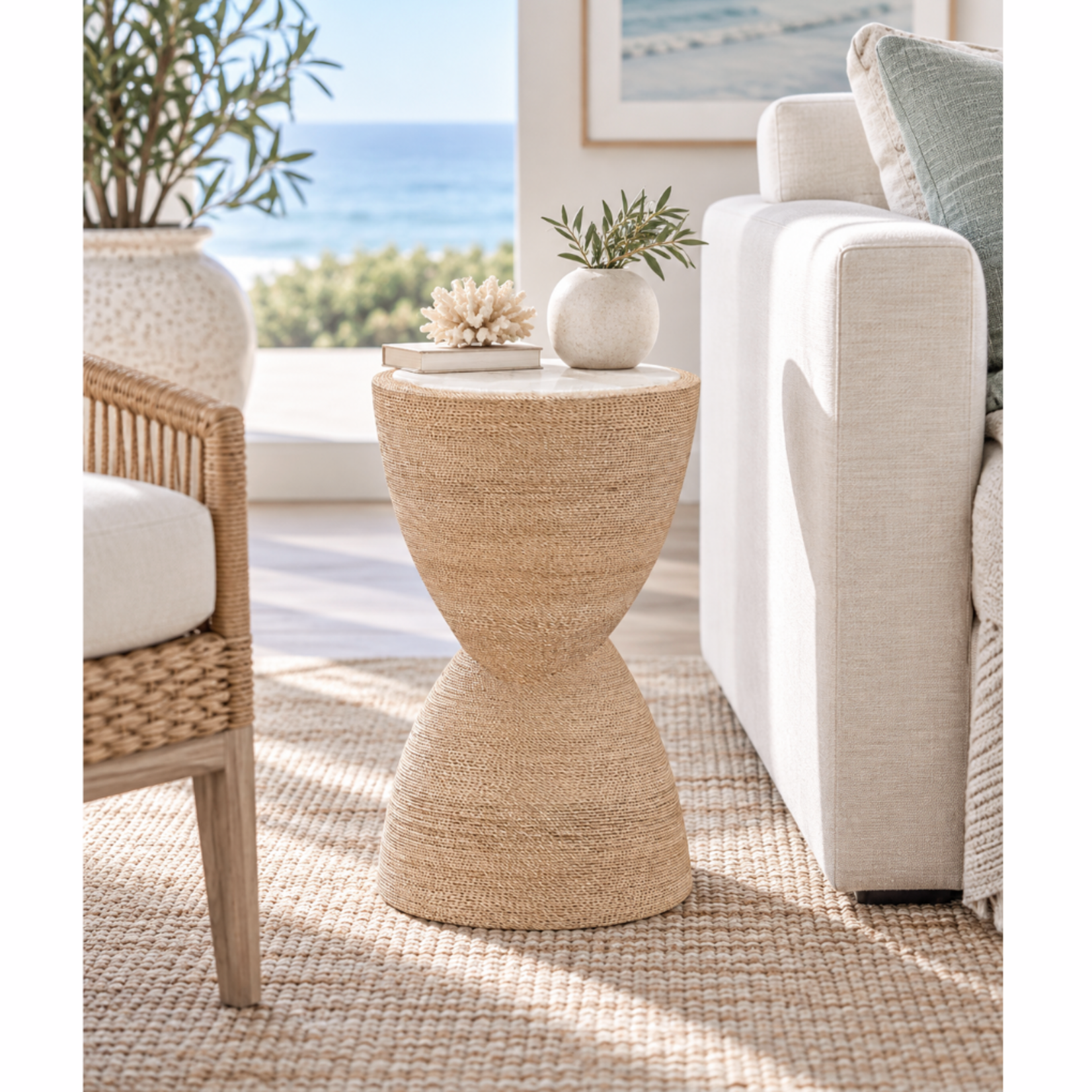 Outside The Box 12x22 Salt Rim Spot Abaca Rope Wrapped & Fossil Stone Side Table