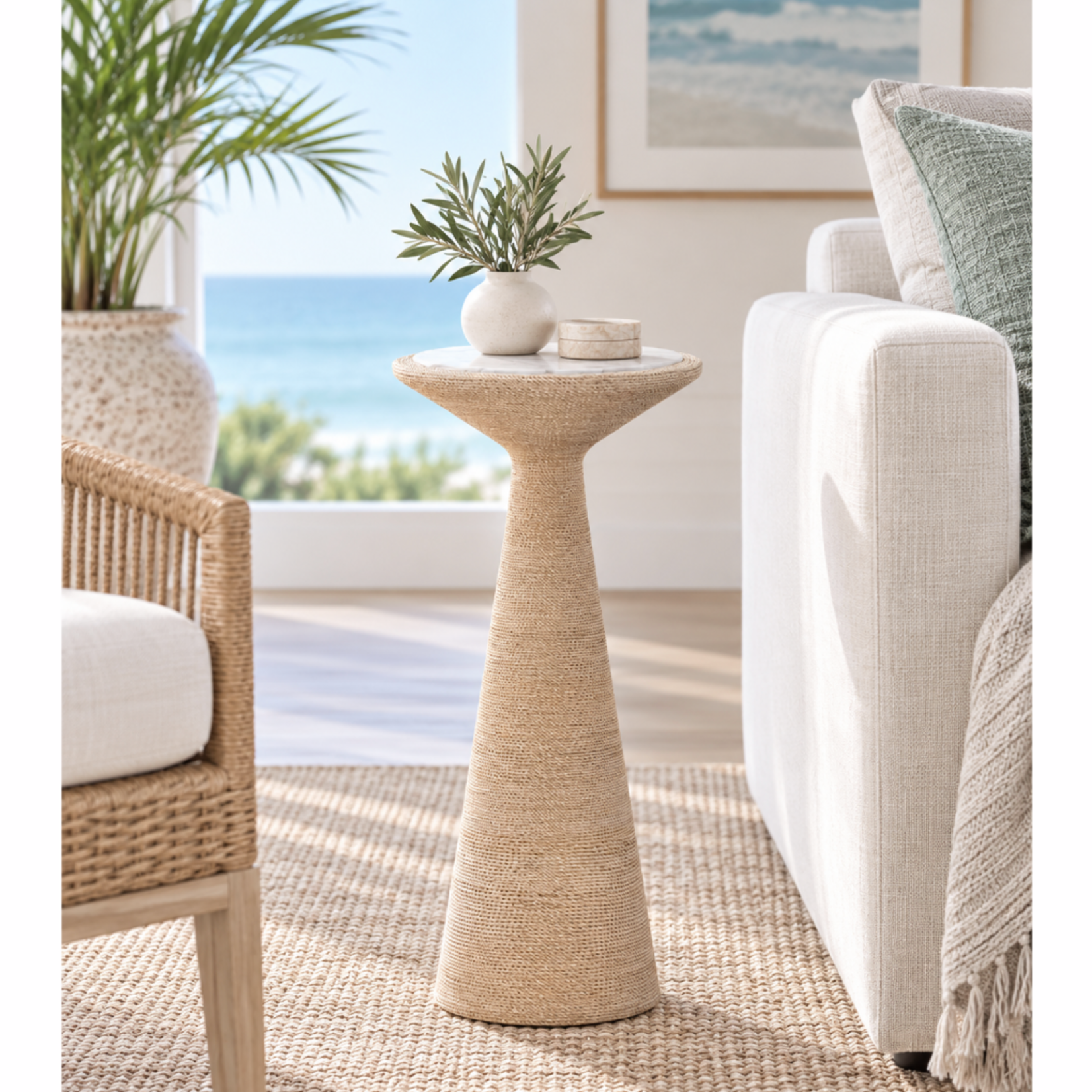 Outside The Box 11x22 Salt Rim High Abaca Rope Wrapped & Fossil Stone Side Table