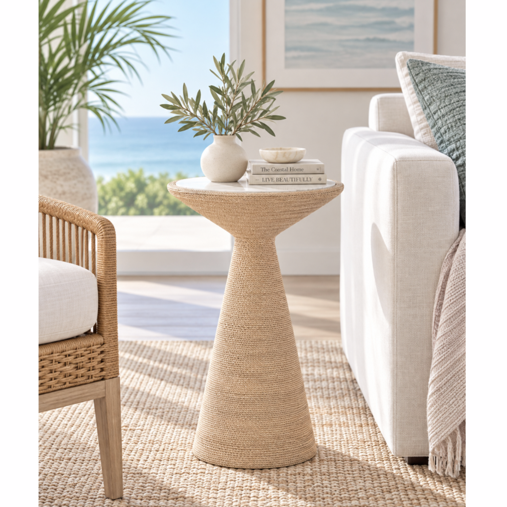 Outside The Box 12x18 Salt Rim Low Abaca Rope Wrapped & Fossil Stone Side Table